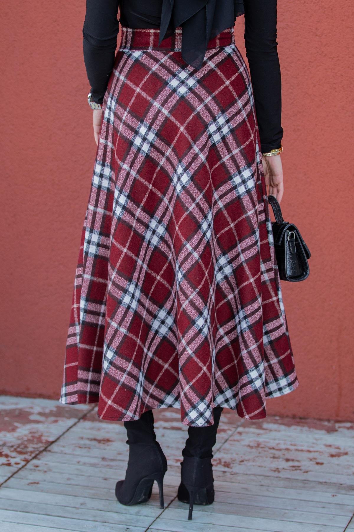 Ekose Desenli Yün Kaşe Etek-Bordo