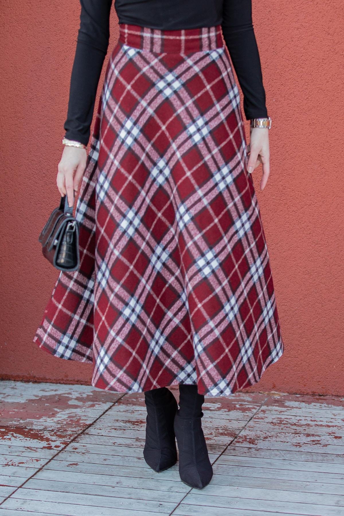 Ekose Desenli Yün Kaşe Etek-Bordo