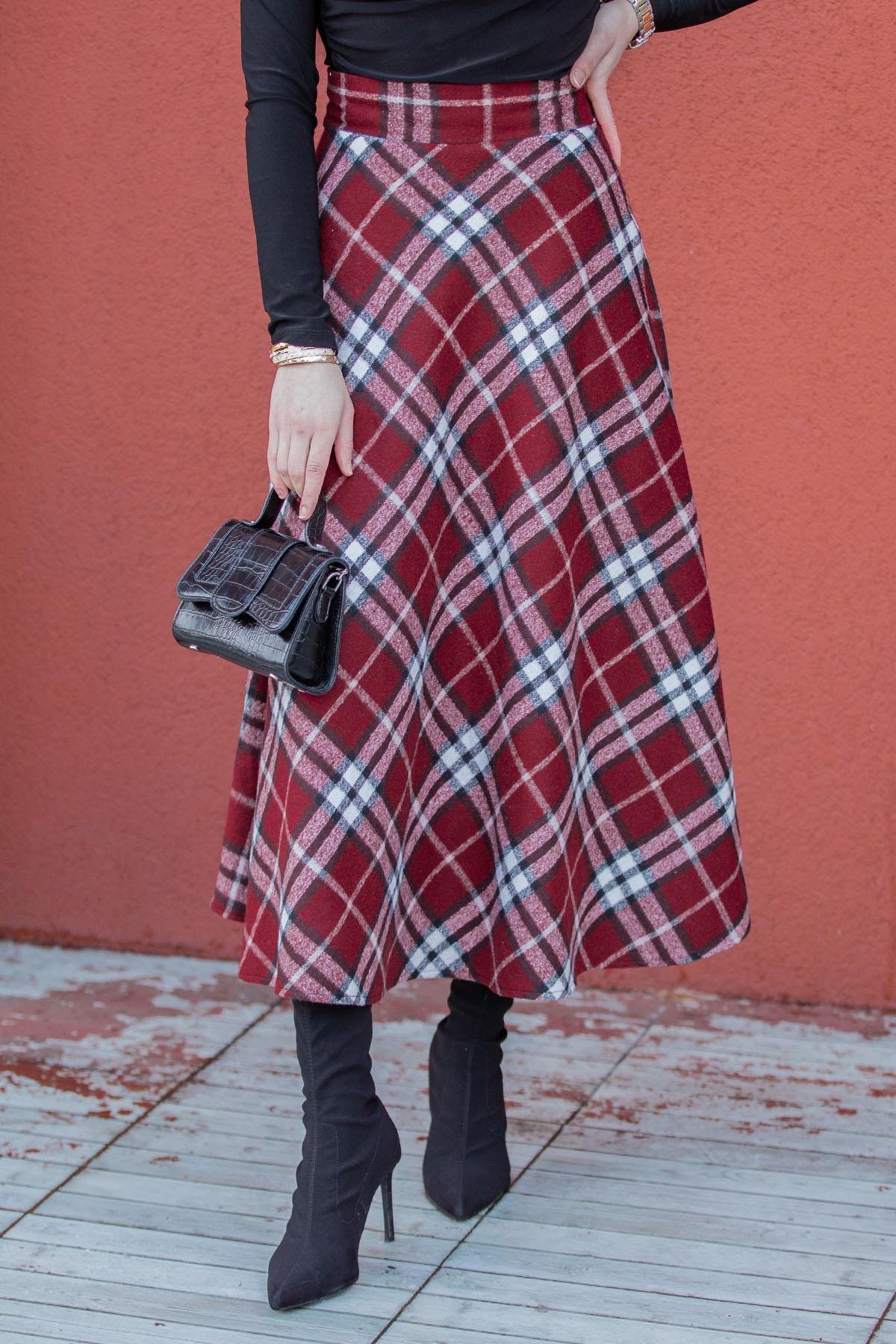 Ekose Desenli Yün Kaşe Etek-Bordo