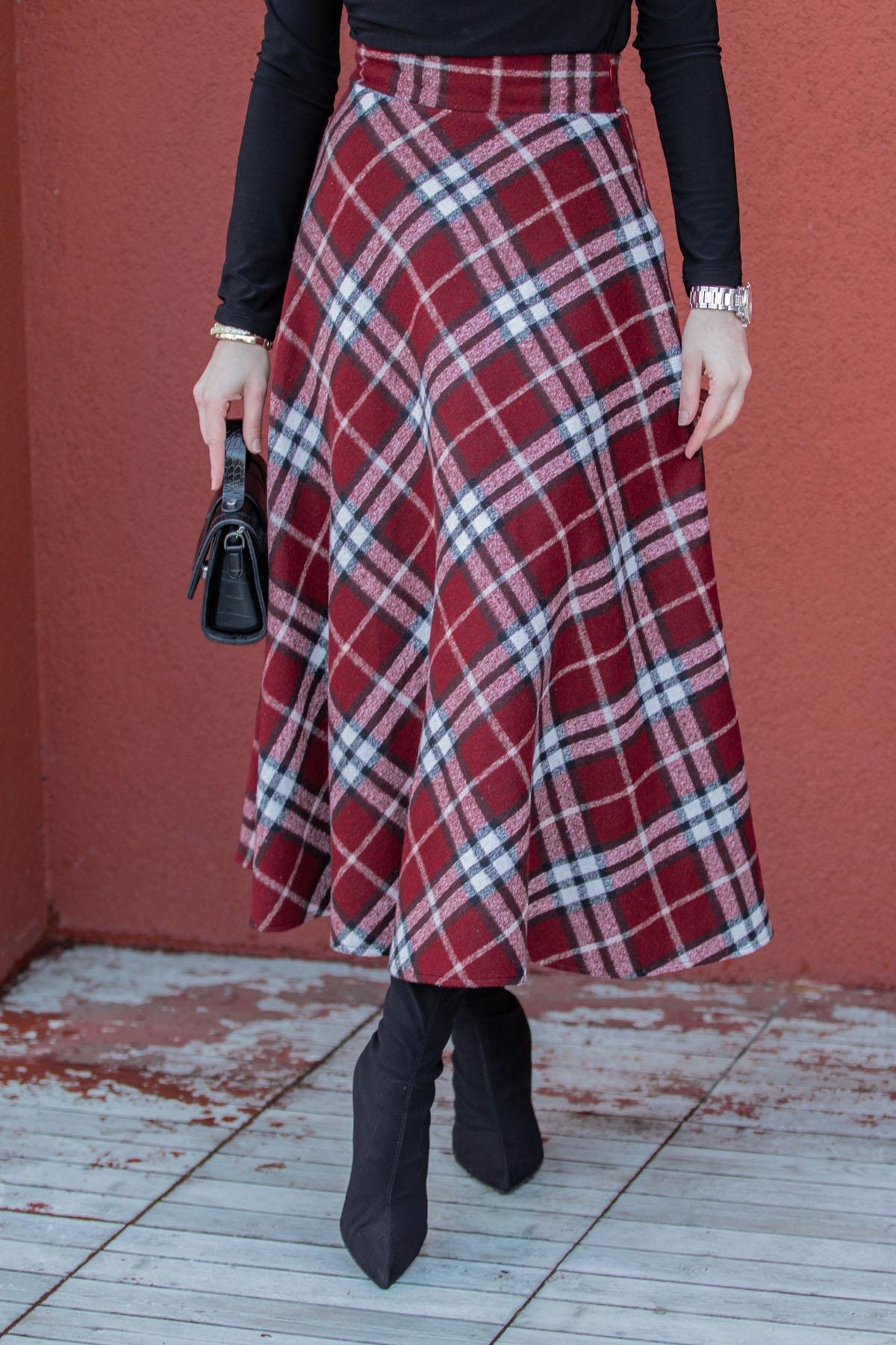 Ekose Desenli Yün Kaşe Etek-Bordo