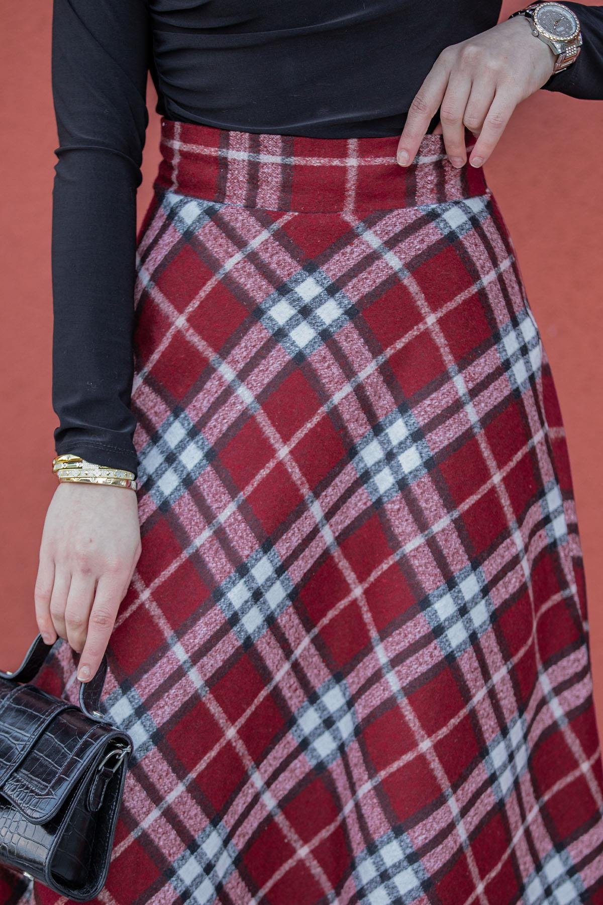 Ekose Desenli Yün Kaşe Etek-Bordo