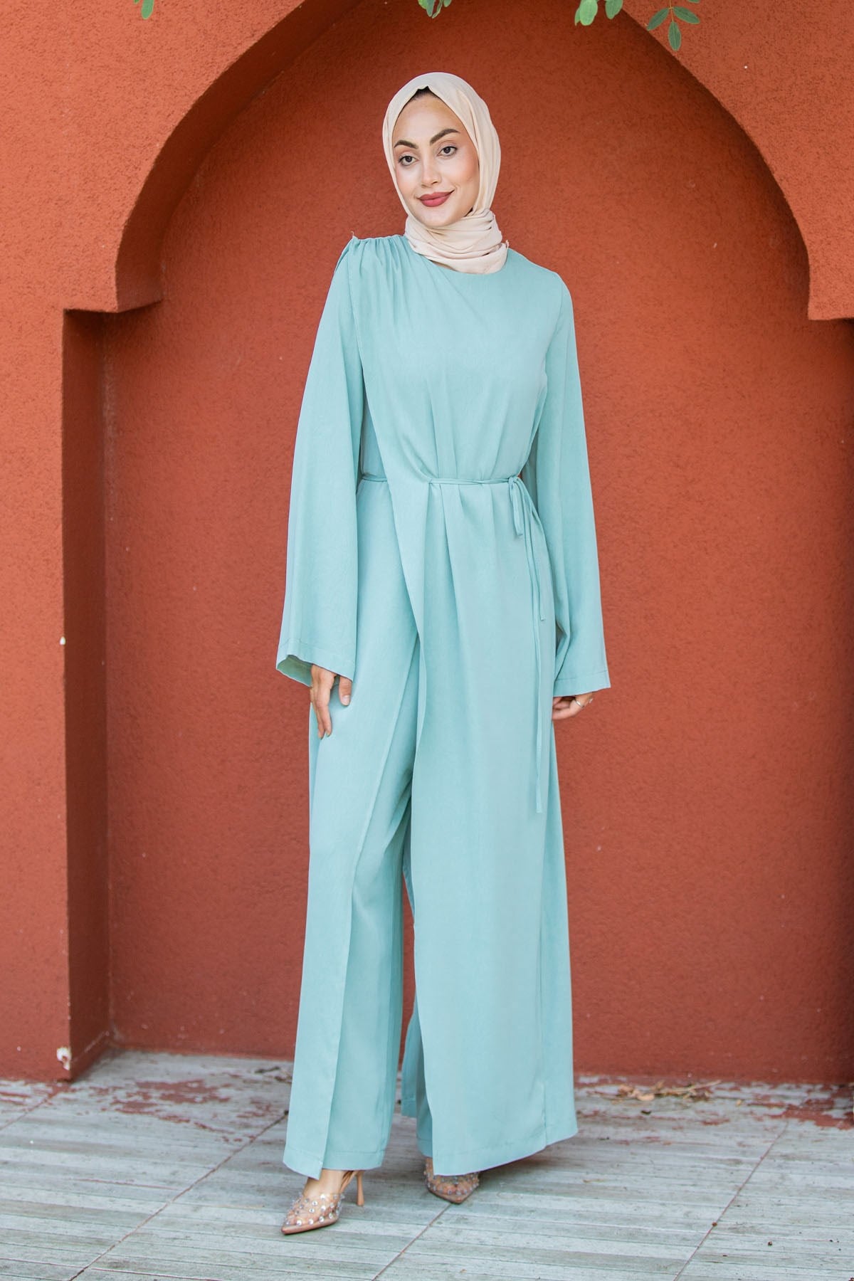 Eliz Katlı Krinkıl Krep Tesettür Tulum-Mint