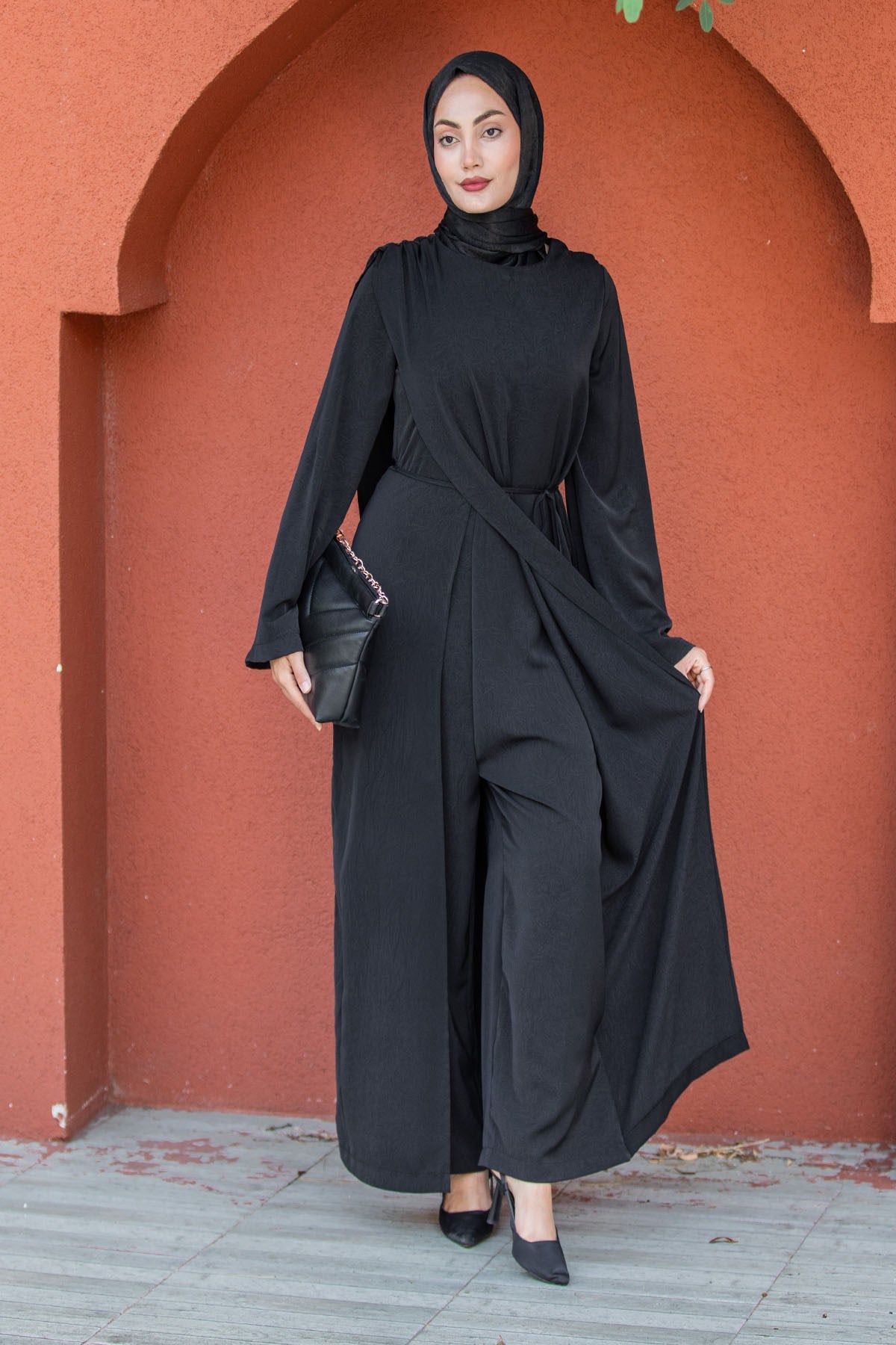 Eliz Katlı Krinkıl Krep Tesettür Tulum-Siyah