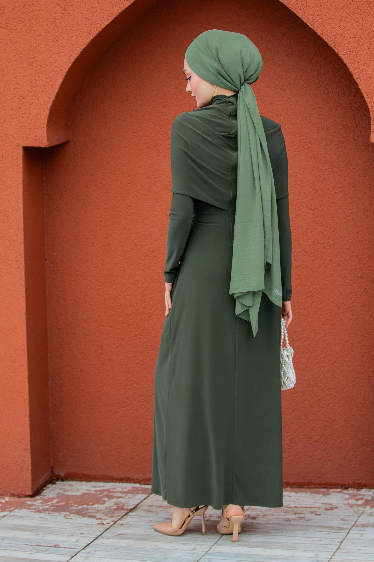 Ellys Yan Taş Detaylı Sandy Abiye-Haki