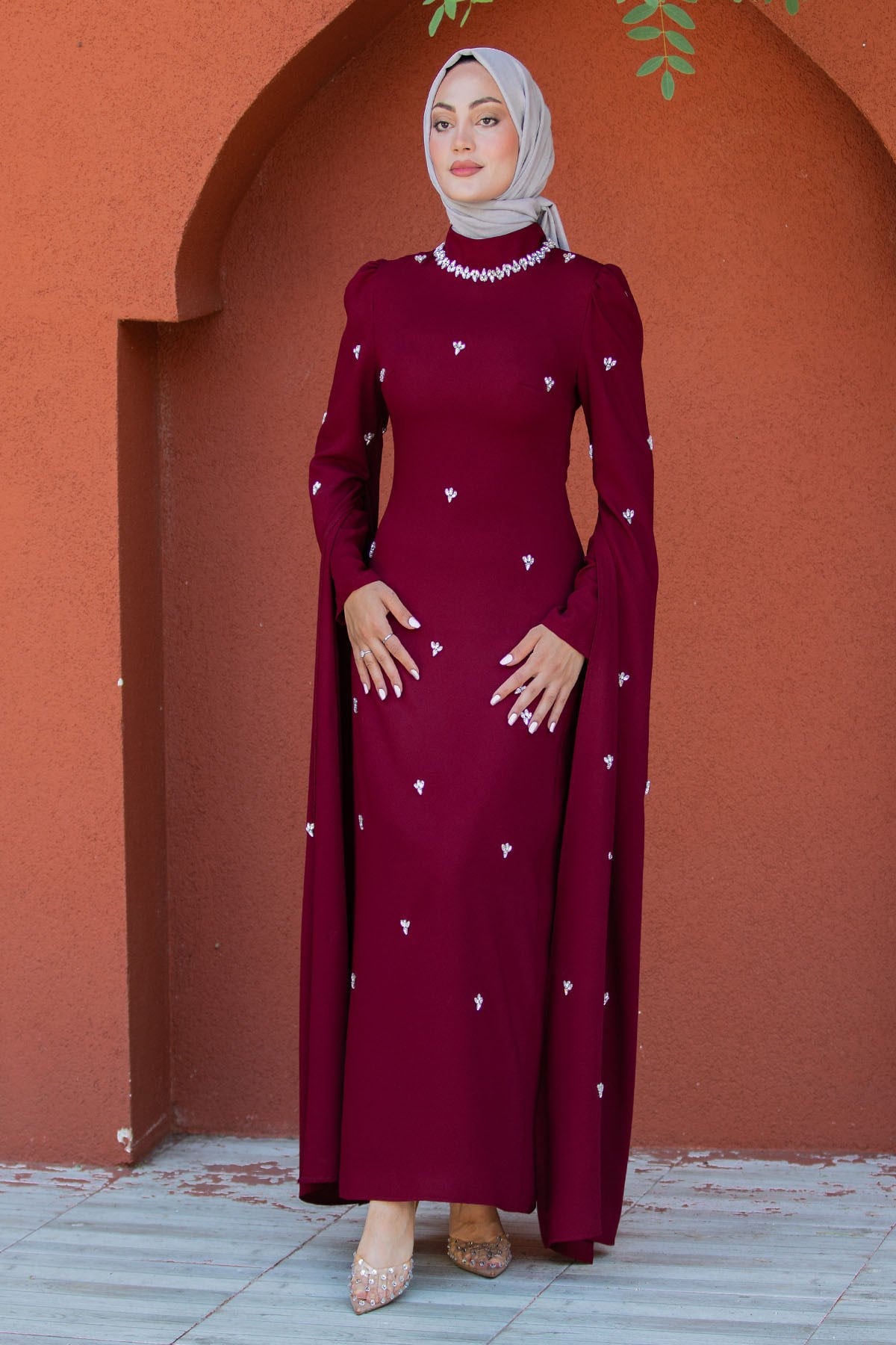 Esmina Taş İşlemeli Tesettür Abiye-Bordo