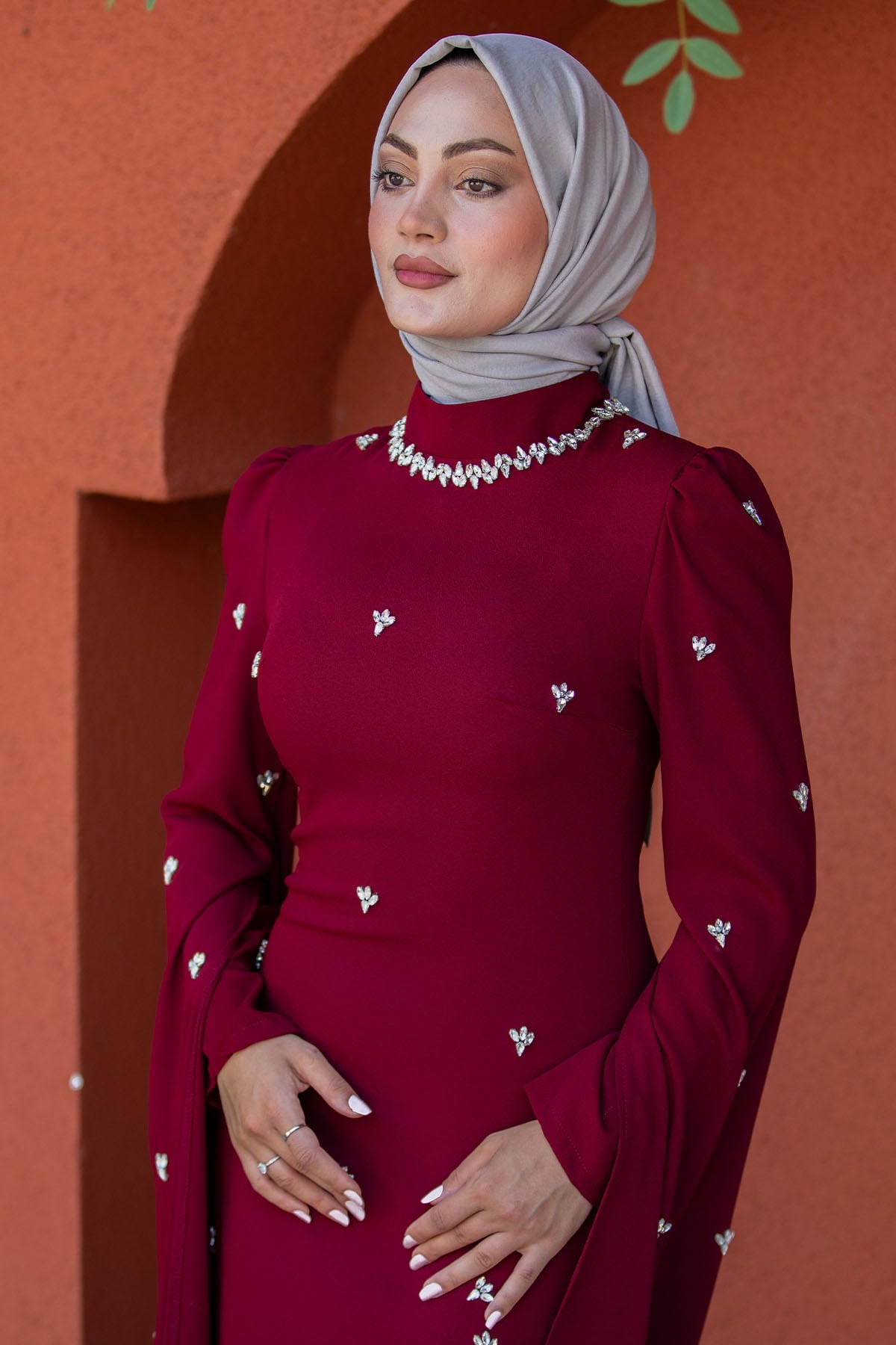 Esmina Taş İşlemeli Tesettür Abiye-Bordo