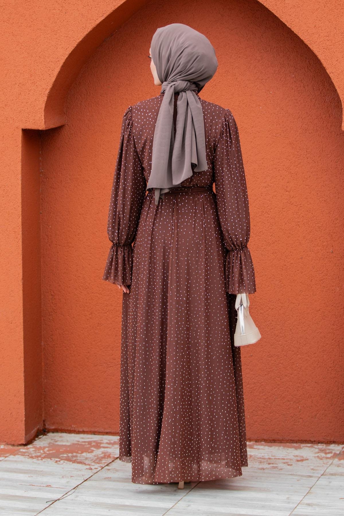 Estie Komple Taşlı Mevlana Tül Abiye-Kahve