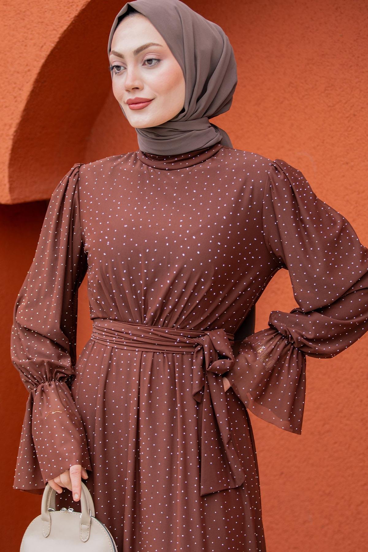 Estie Komple Taşlı Mevlana Tül Abiye-Kahve