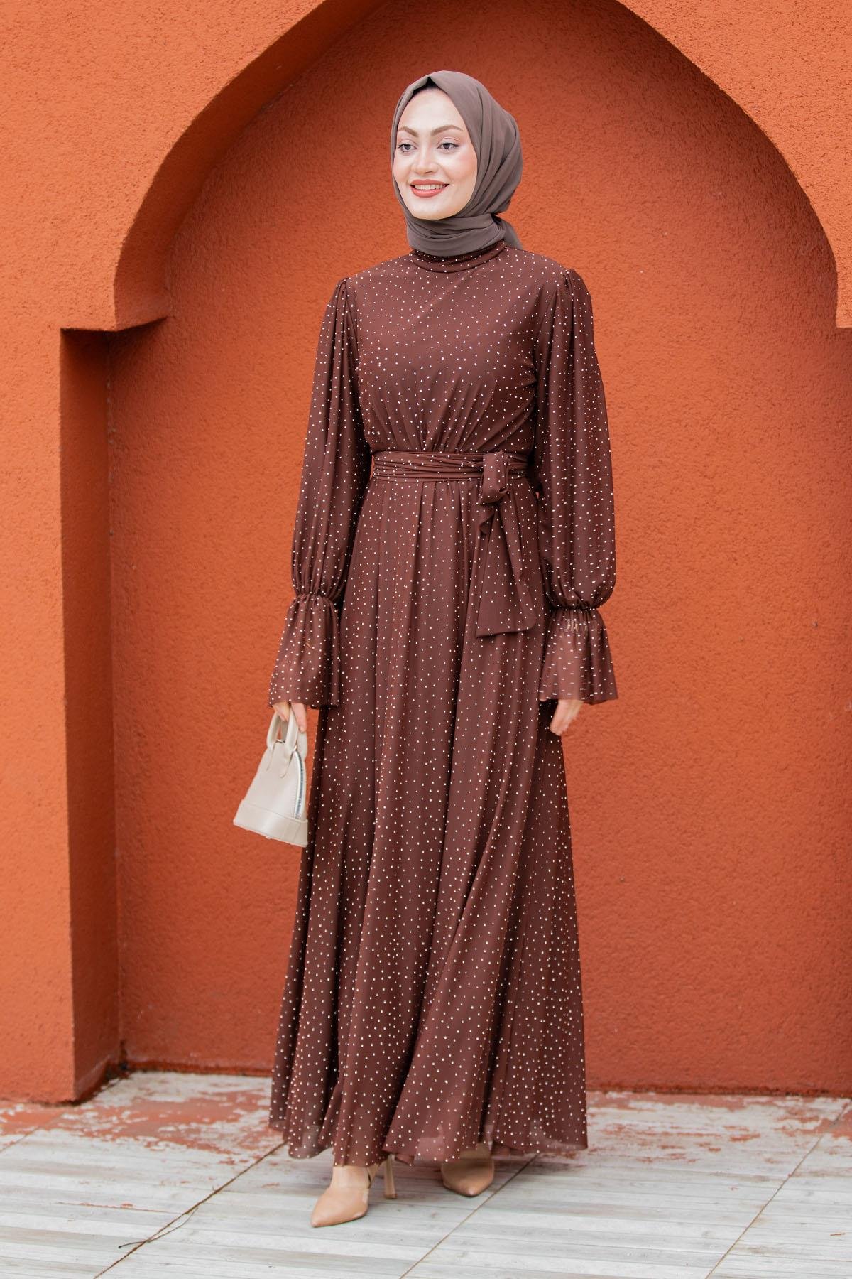 Estie Komple Taşlı Mevlana Tül Abiye-Kahve