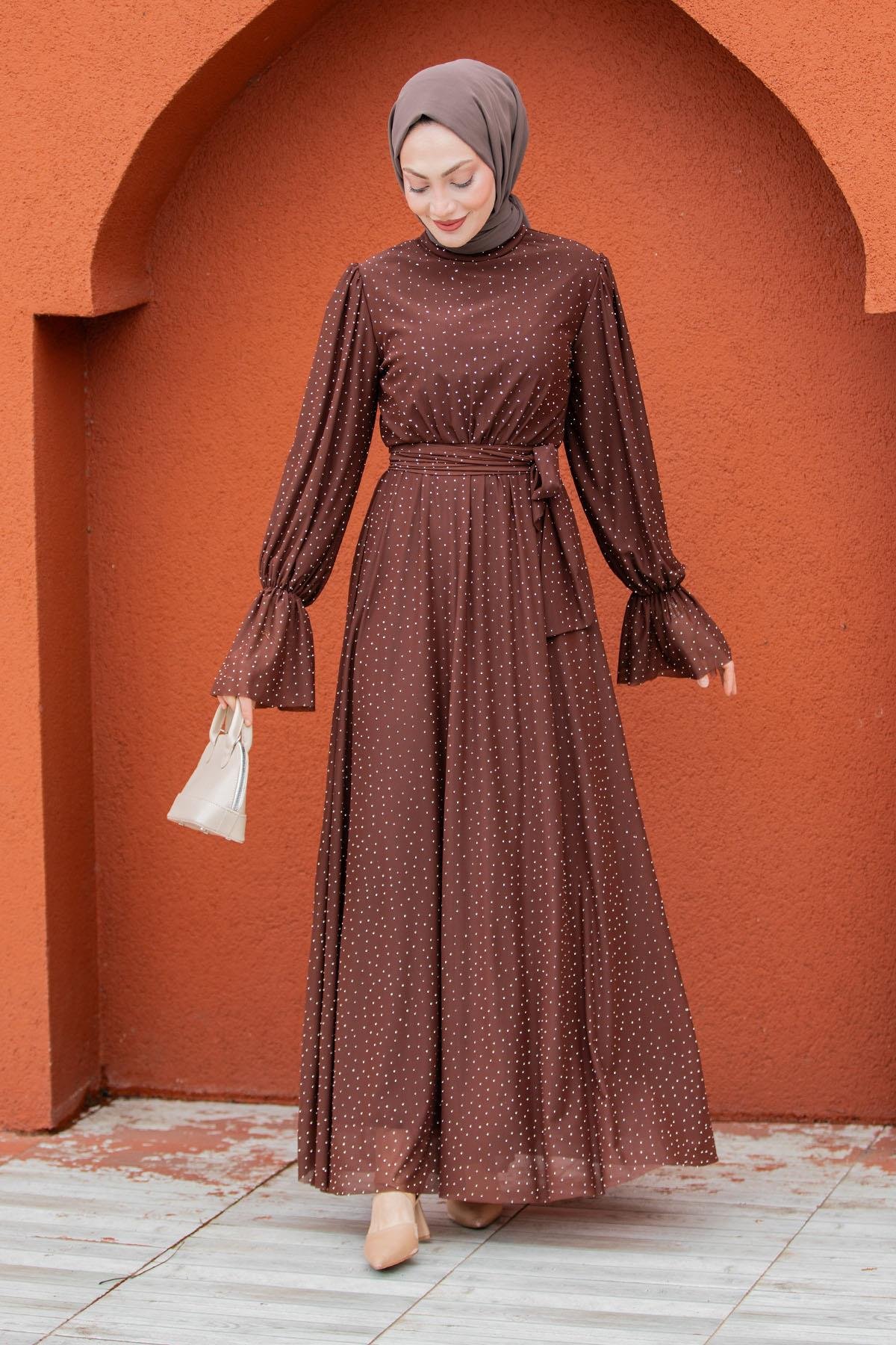 Estie Komple Taşlı Mevlana Tül Abiye-Kahve