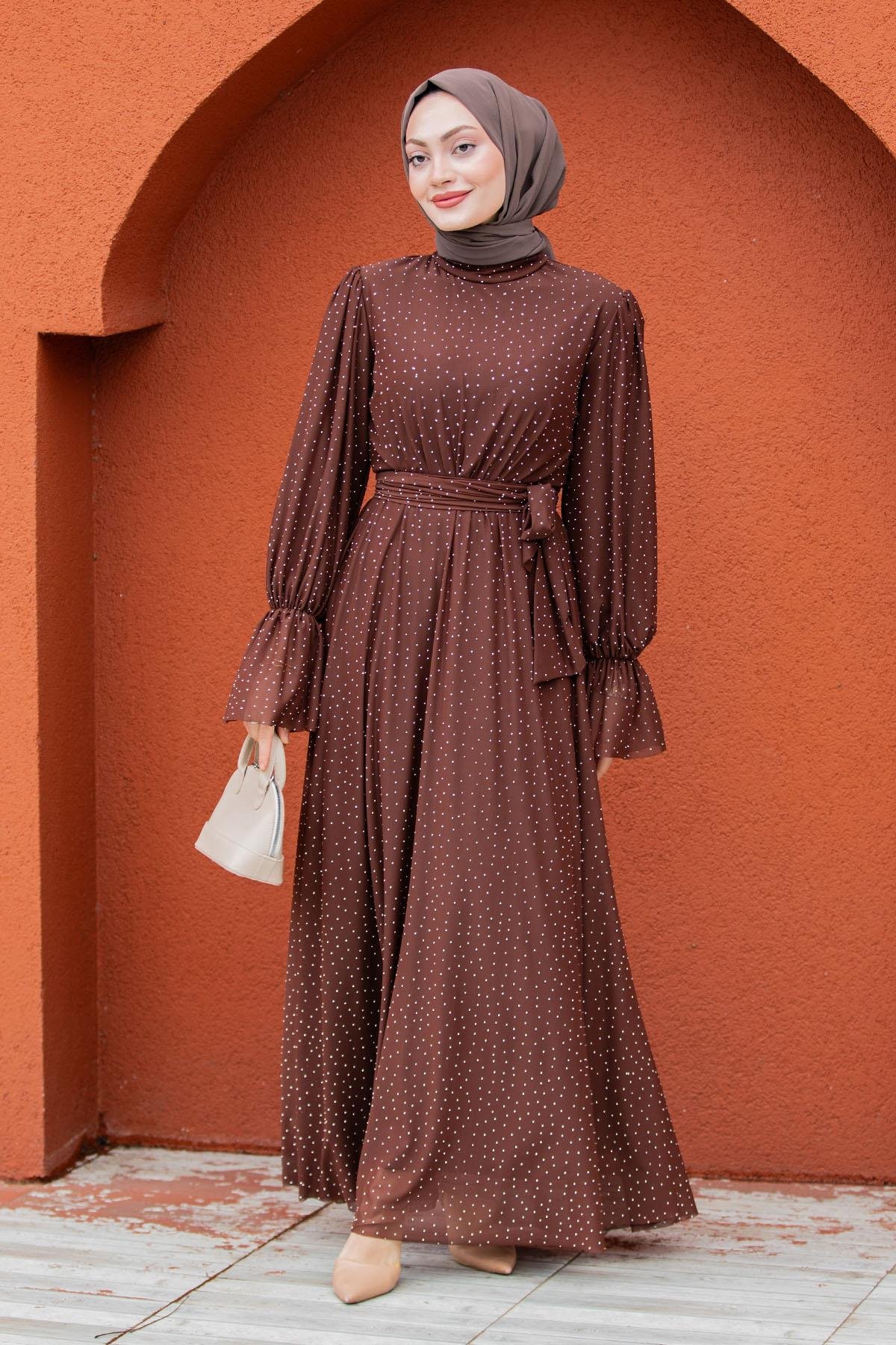 Estie Komple Taşlı Mevlana Tül Abiye-Kahve