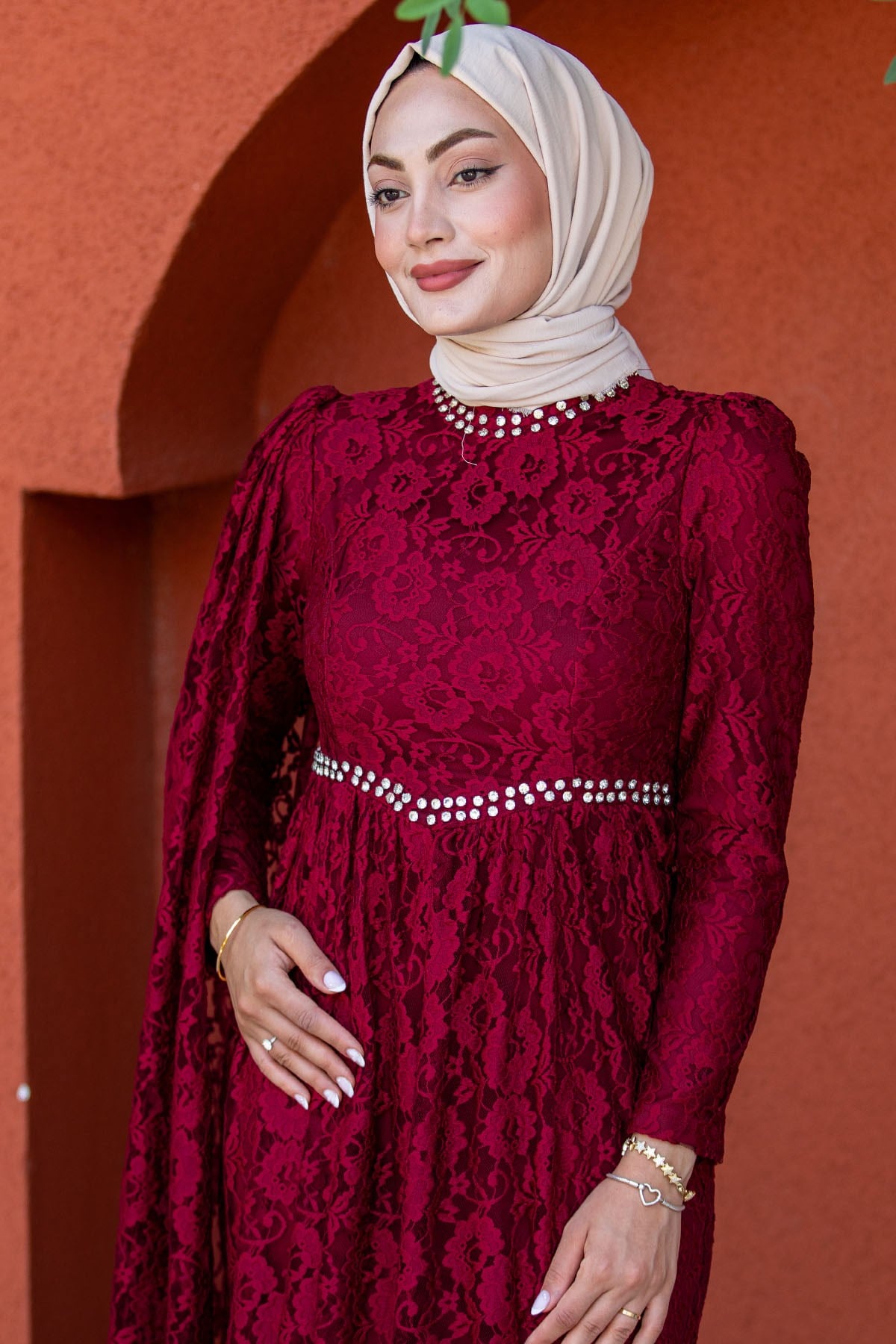 Feza Dantel Taşlı Tesettür Abiye-Bordo