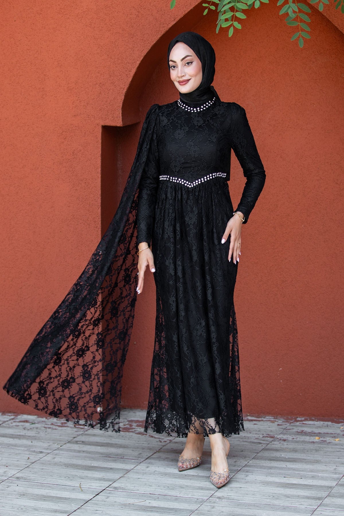 Feza Dantel Taşlı Tesettür Abiye-Siyah