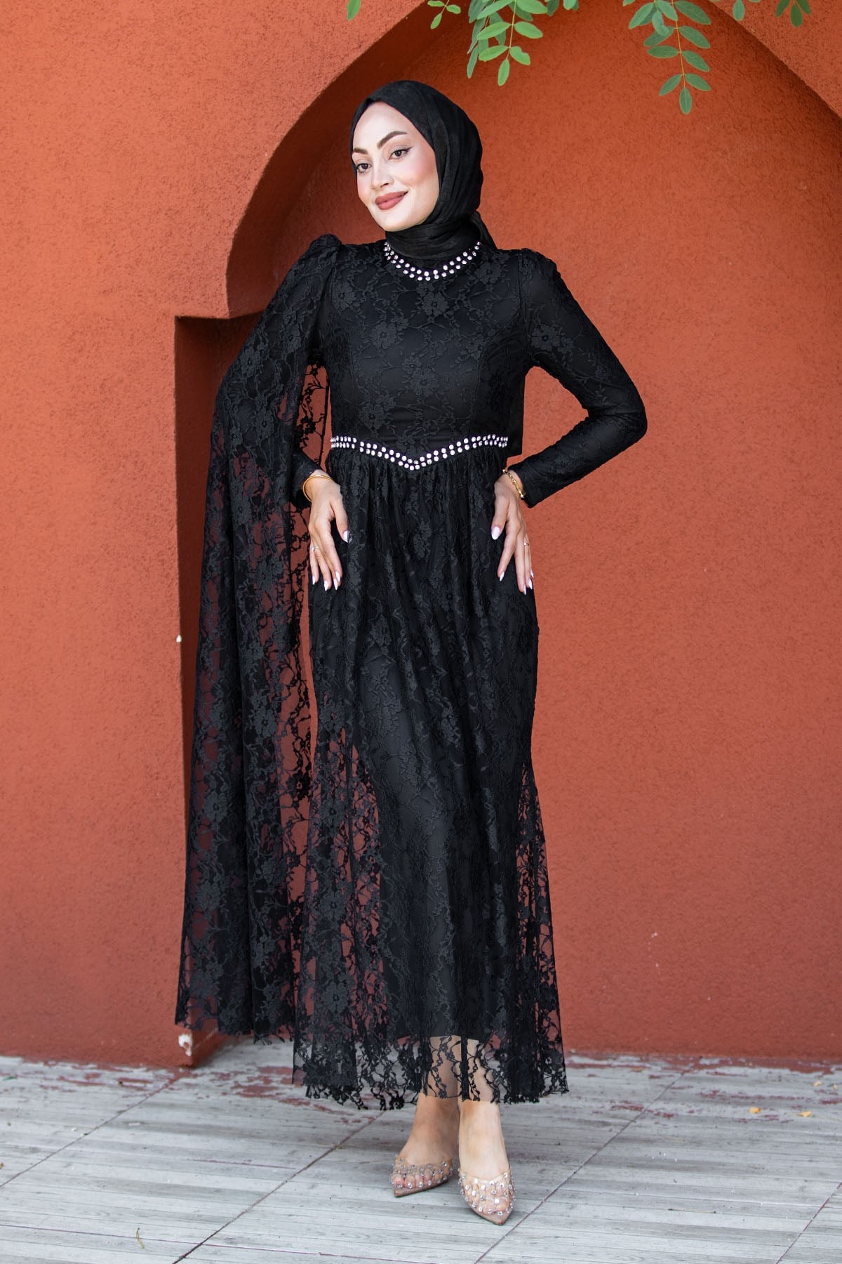 Feza Dantel Taşlı Tesettür Abiye-Siyah
