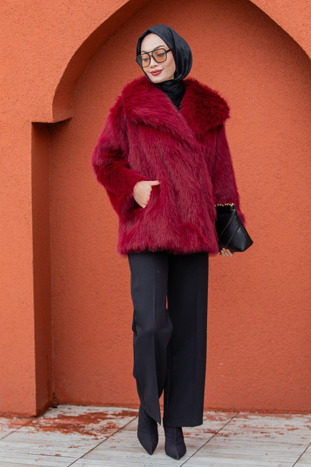 Geniş Yakalı Astarlı Suni Kürk Kaban-Bordo