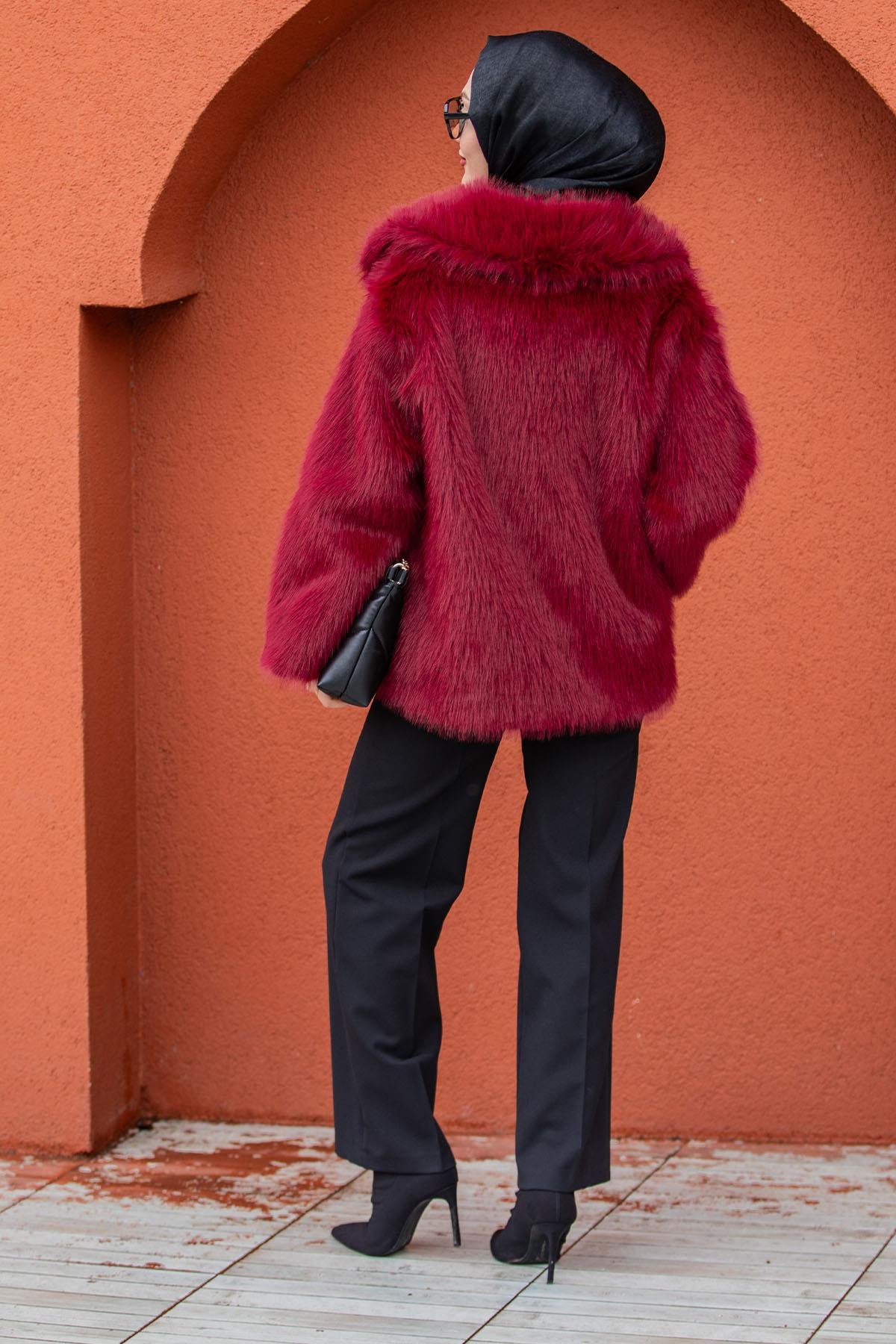 Geniş Yakalı Astarlı Suni Kürk Kaban-Bordo