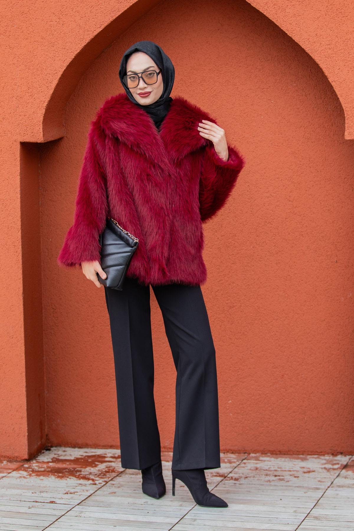 Geniş Yakalı Astarlı Suni Kürk Kaban-Bordo