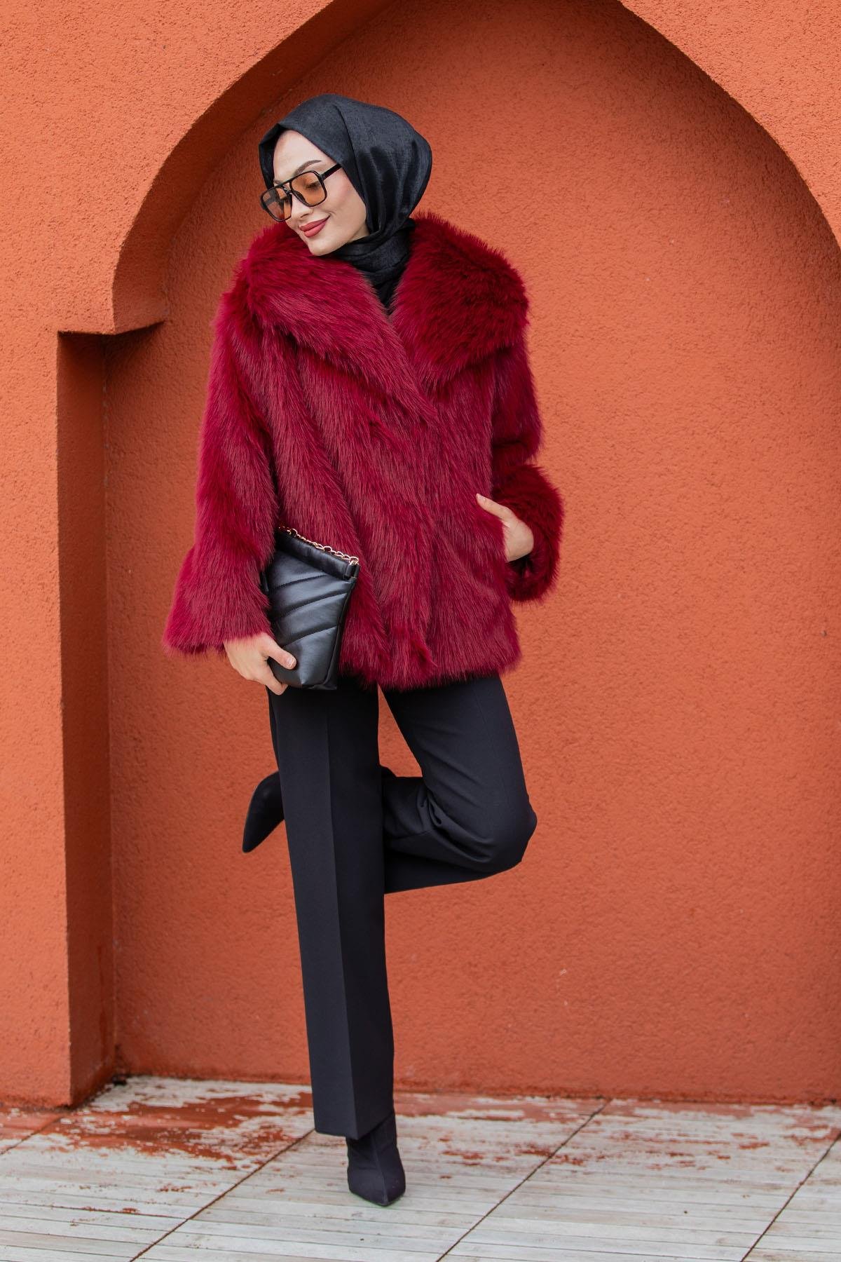 Geniş Yakalı Astarlı Suni Kürk Kaban-Bordo