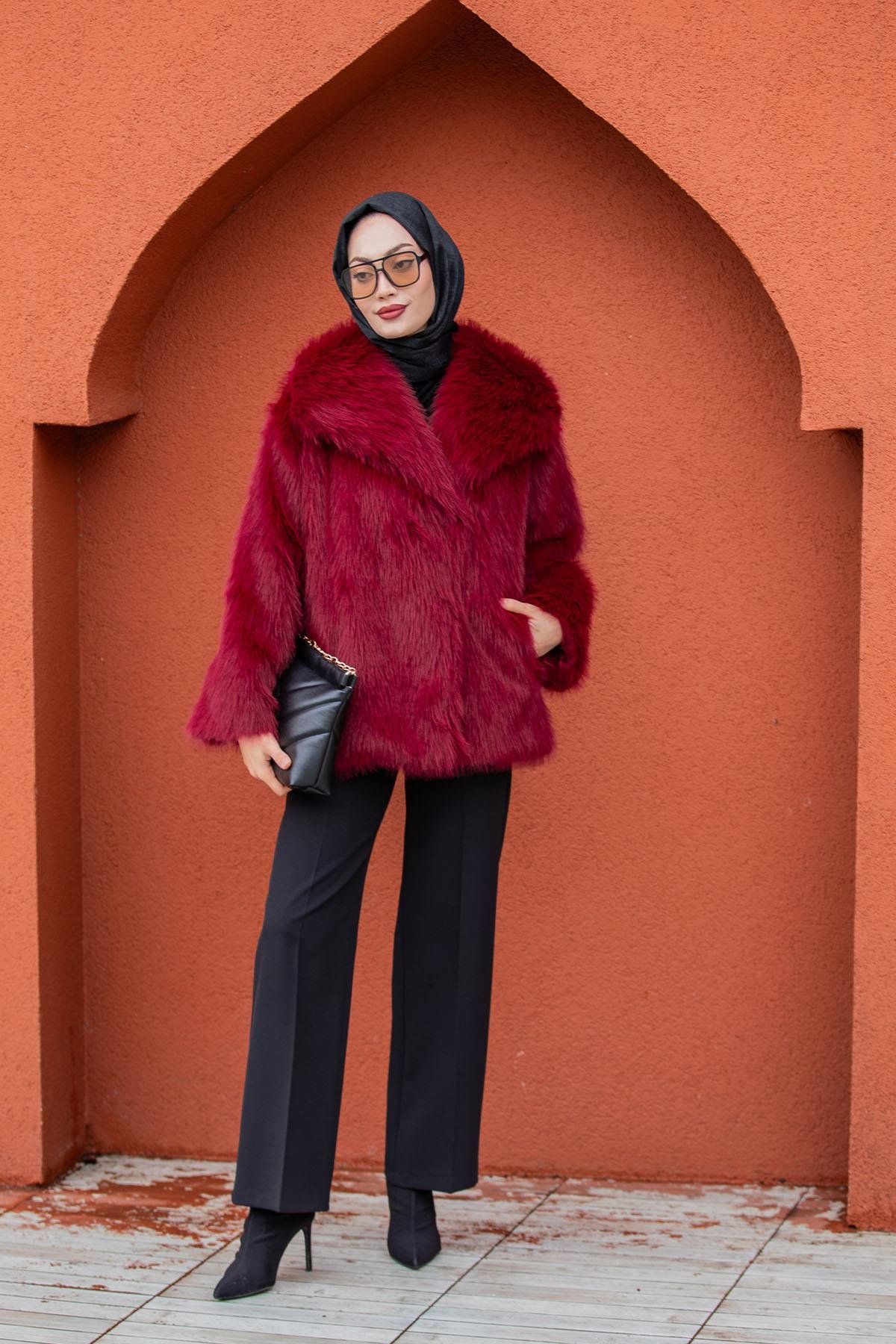 Geniş Yakalı Astarlı Suni Kürk Kaban-Bordo