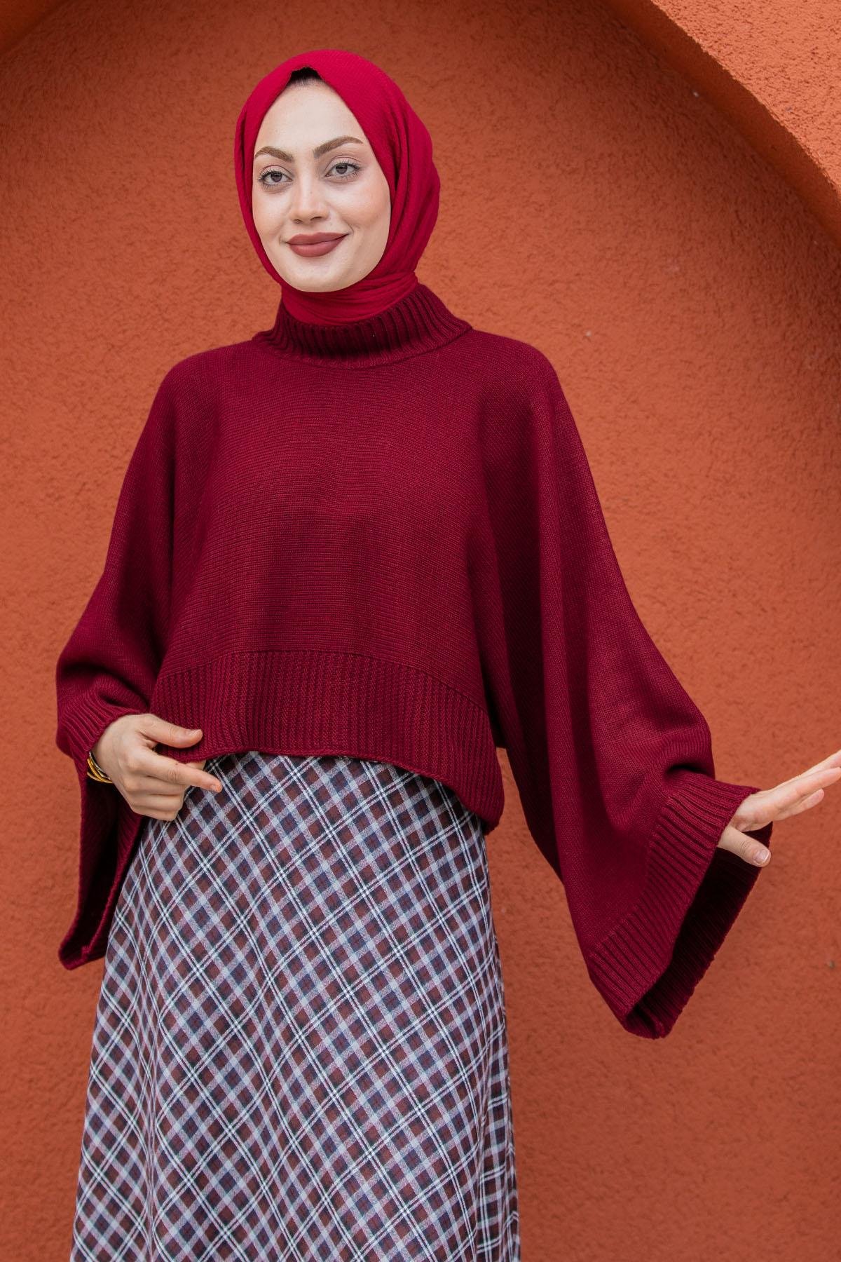 Hiss Geniş Kol Detaylı Triko Kazak-Bordo