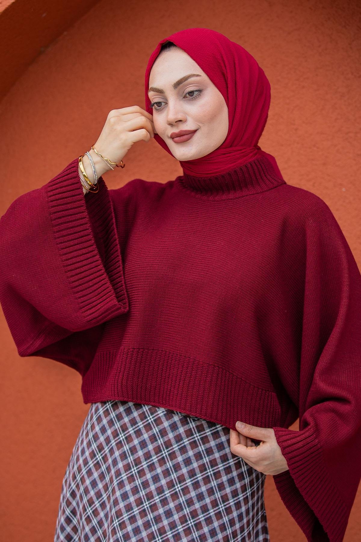 Hiss Geniş Kol Detaylı Triko Kazak-Bordo