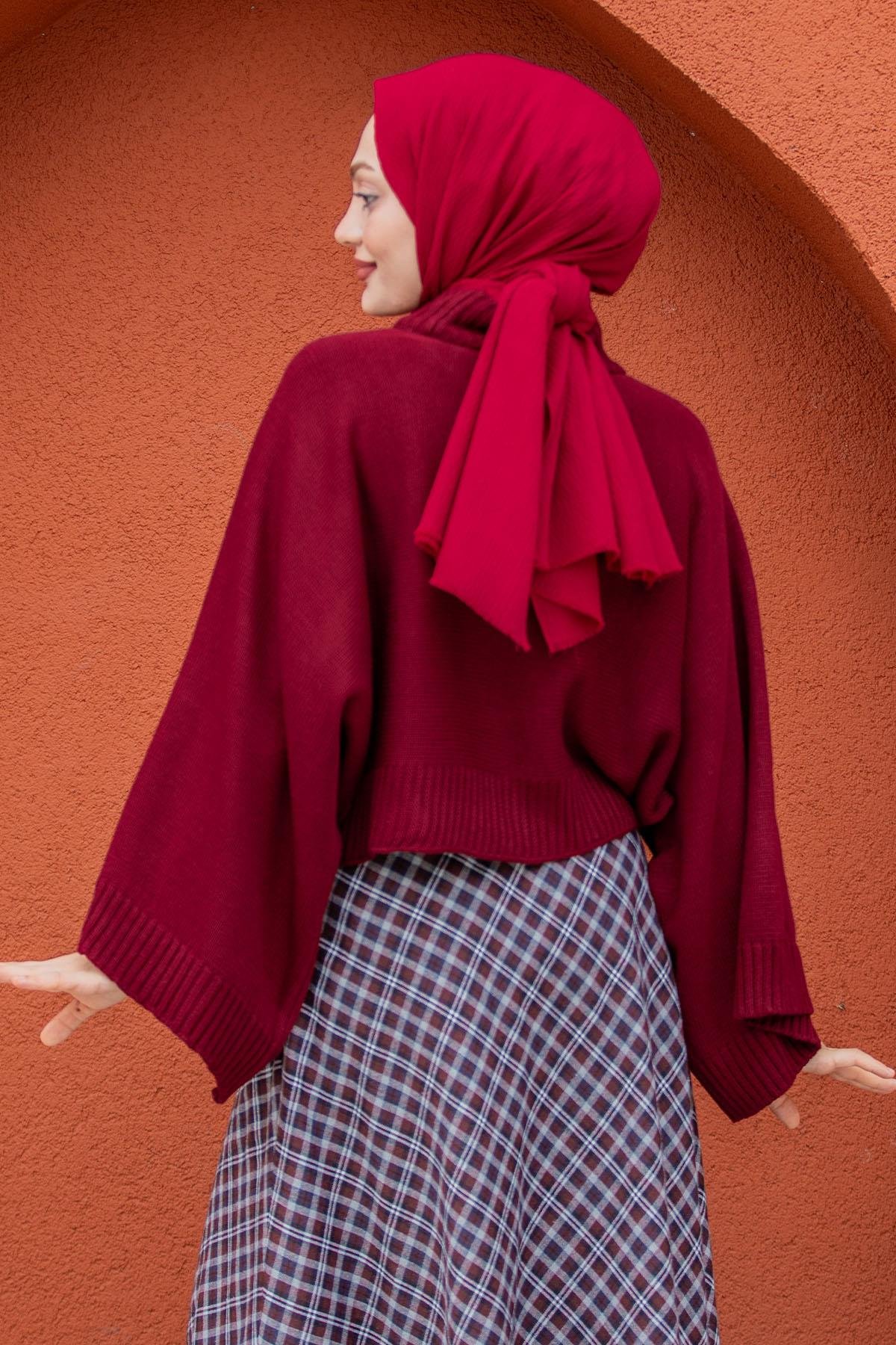 Hiss Geniş Kol Detaylı Triko Kazak-Bordo