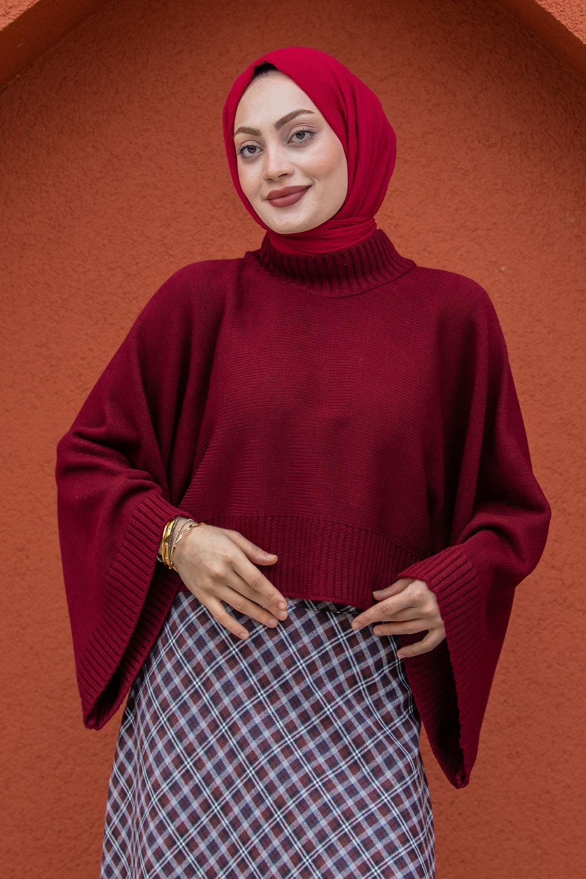 Hiss Geniş Kol Detaylı Triko Kazak-Bordo