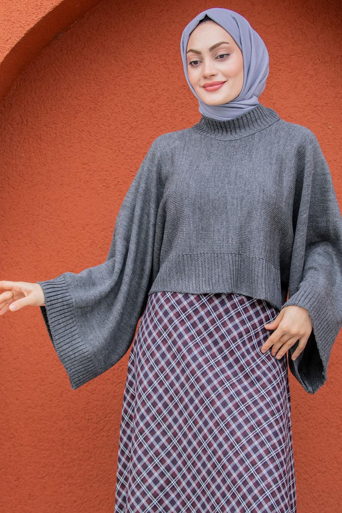 Hiss Geniş Kol Detaylı Triko Kazak-Gri