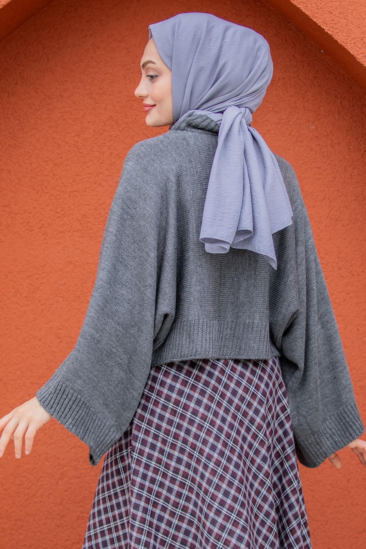 Hiss Geniş Kol Detaylı Triko Kazak-Gri