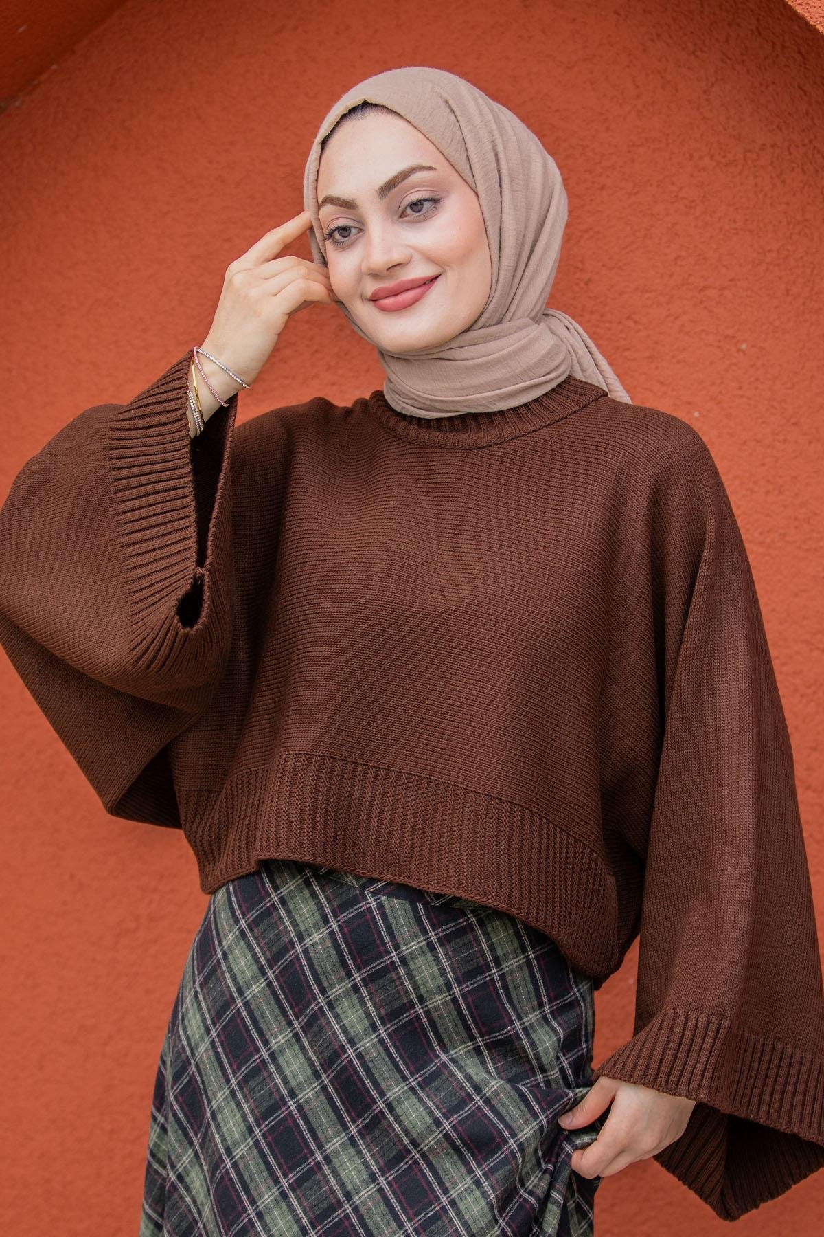 Hiss Geniş Kol Detaylı Triko Kazak-Kahve