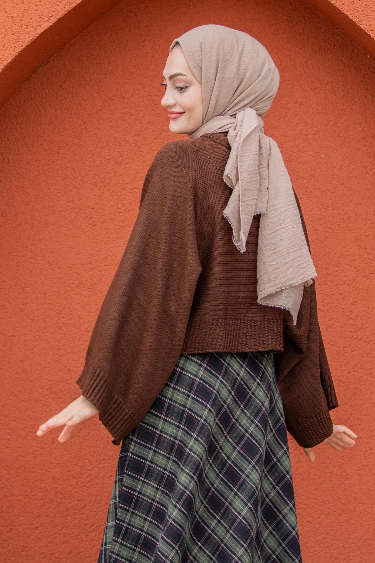 Hiss Geniş Kol Detaylı Triko Kazak-Kahve