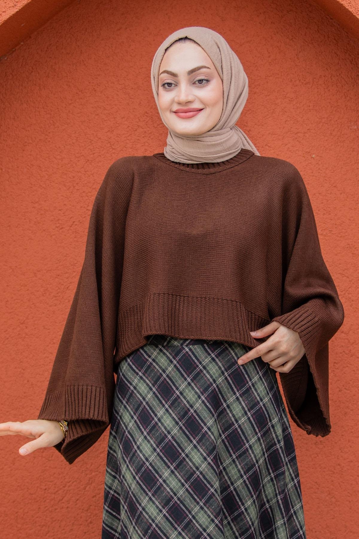 Hiss Geniş Kol Detaylı Triko Kazak-Kahve