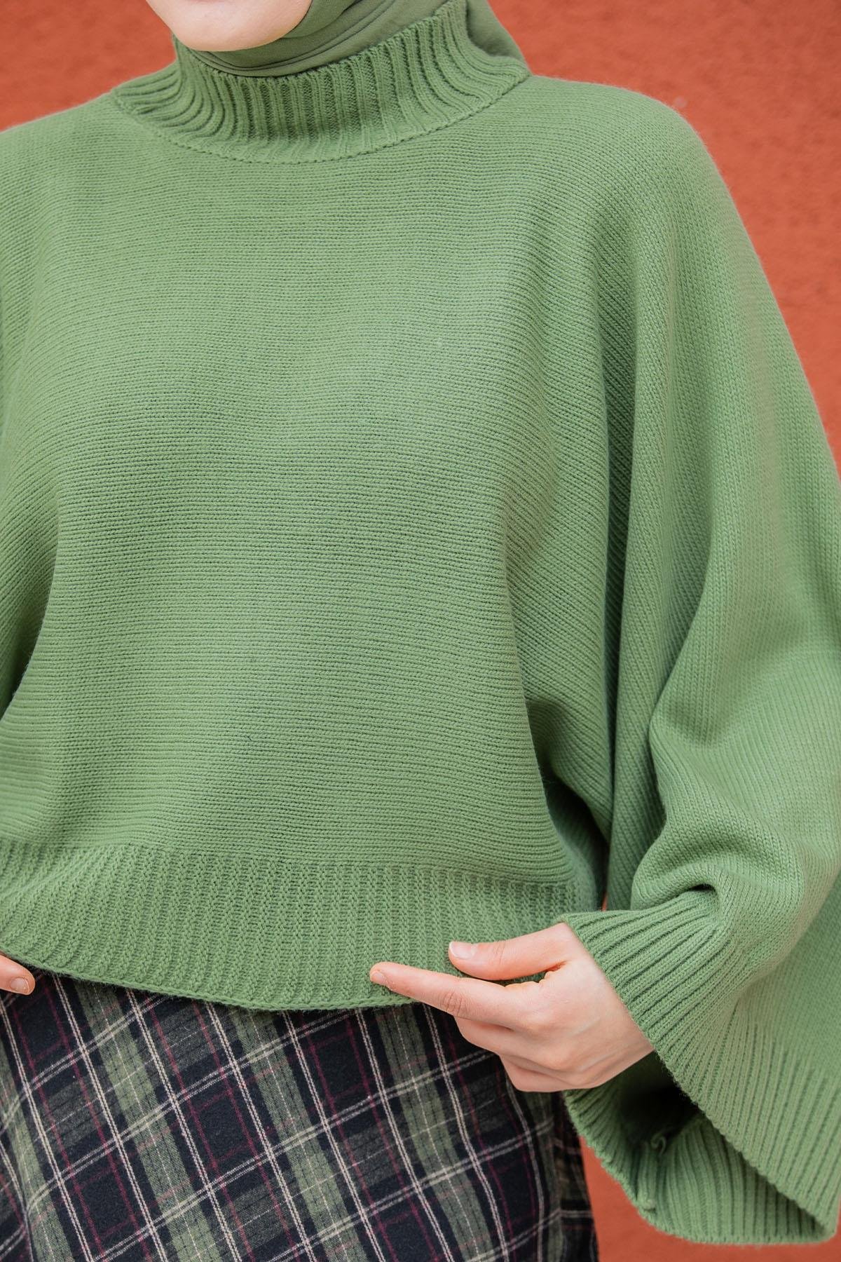 Hiss Geniş Kol Detaylı Triko Kazak-Mint