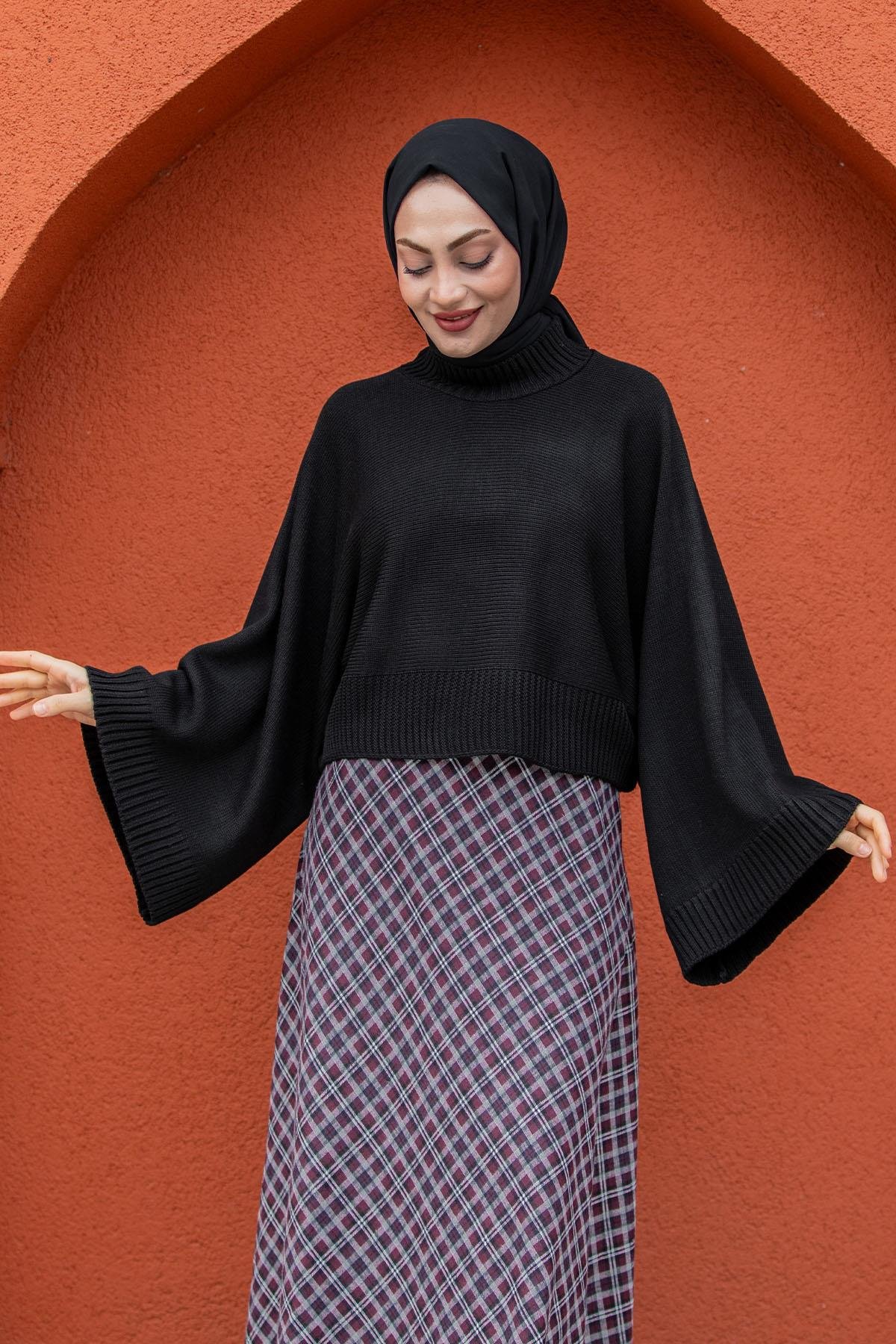 Hiss Geniş Kol Detaylı Triko Kazak-Siyah