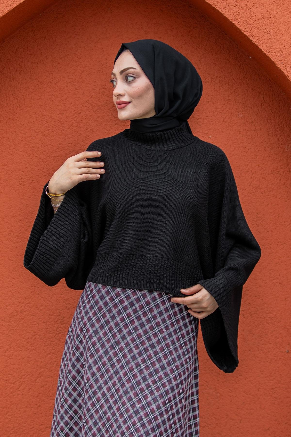 Hiss Geniş Kol Detaylı Triko Kazak-Siyah