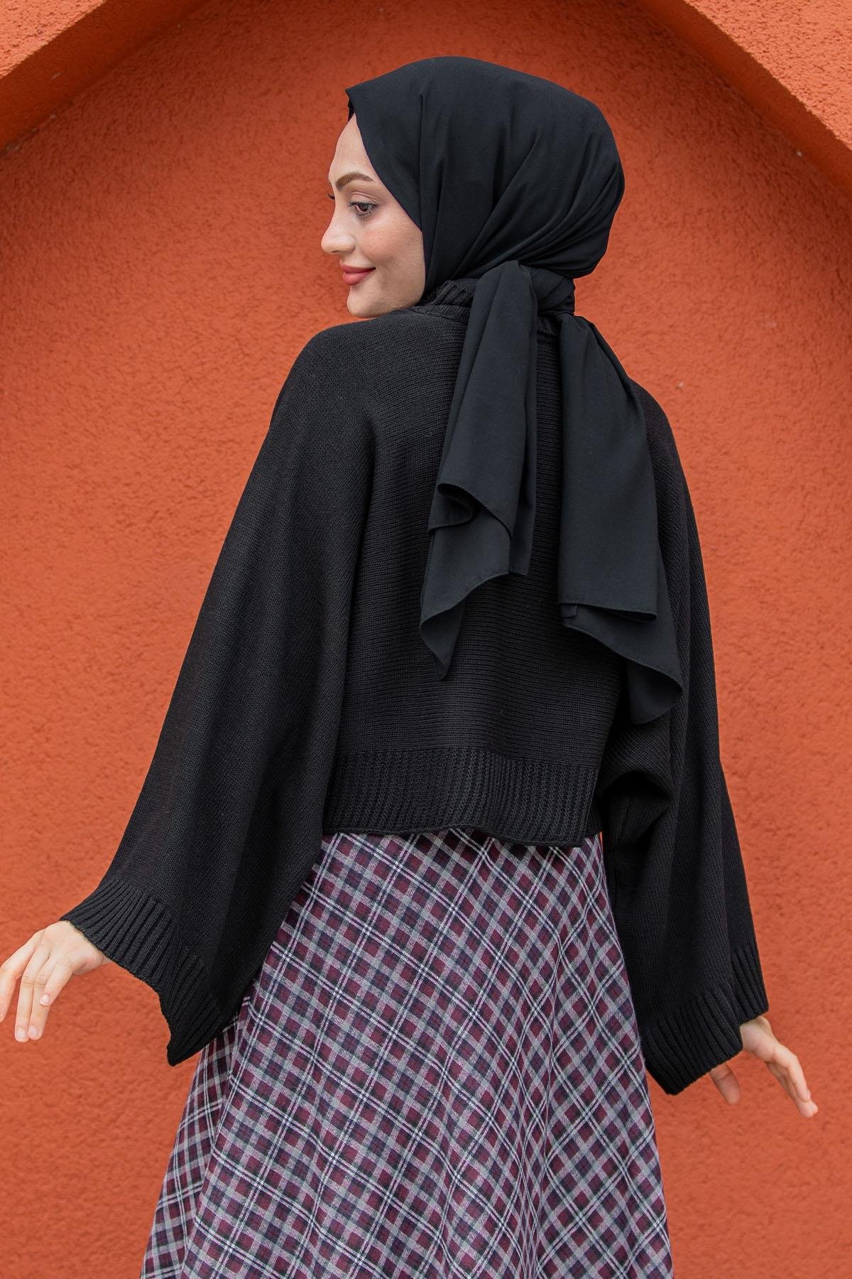 Hiss Geniş Kol Detaylı Triko Kazak-Siyah