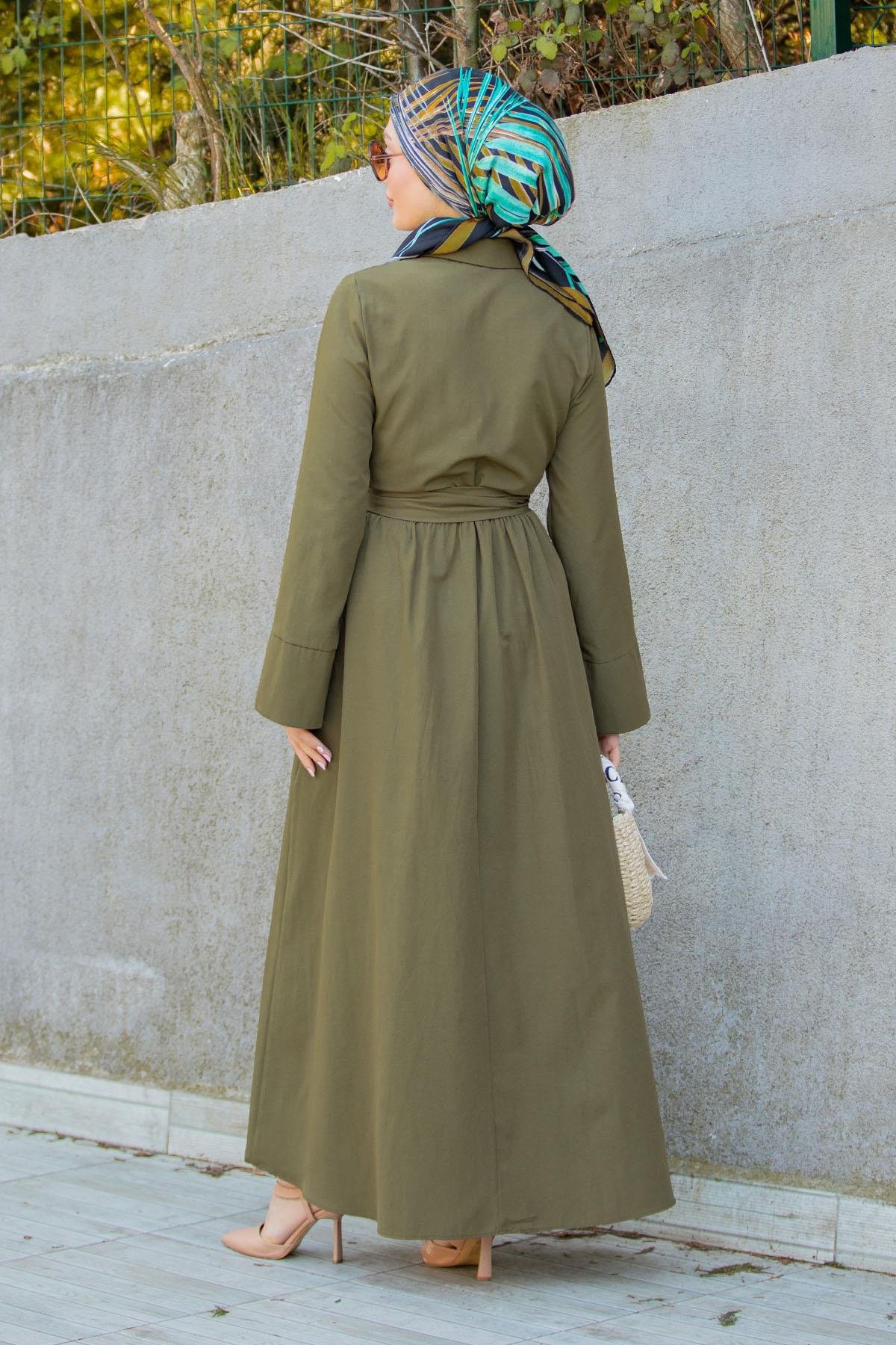 İspanyol Kol Detaylı Cotton Elbise-Haki