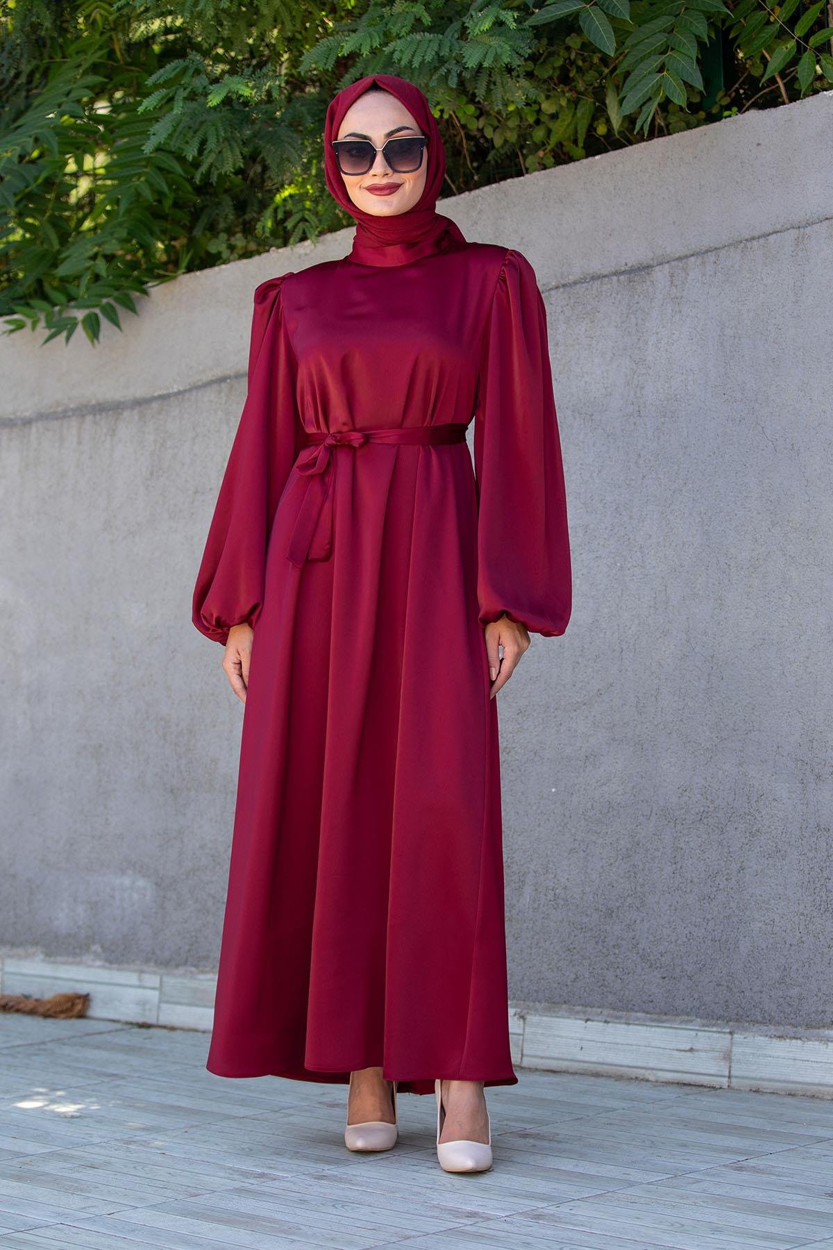 Jane Asetat Saten Özel Gün Elbisesi-Bordo