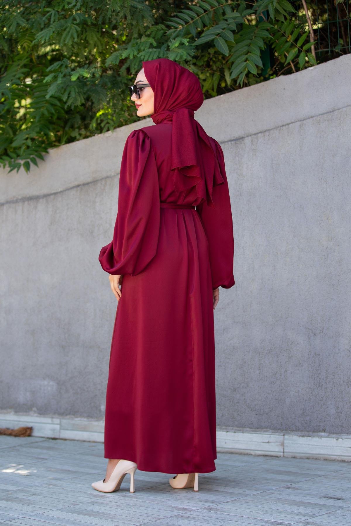 Jane Asetat Saten Özel Gün Elbisesi-Bordo