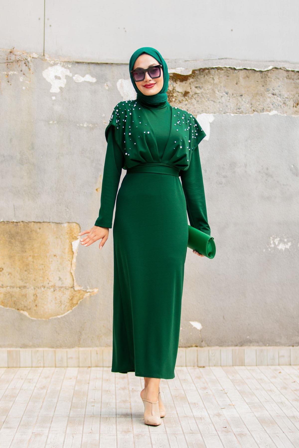 Jessi Omuz inci Detay Özel Gün Elbisesi-Zümrüt