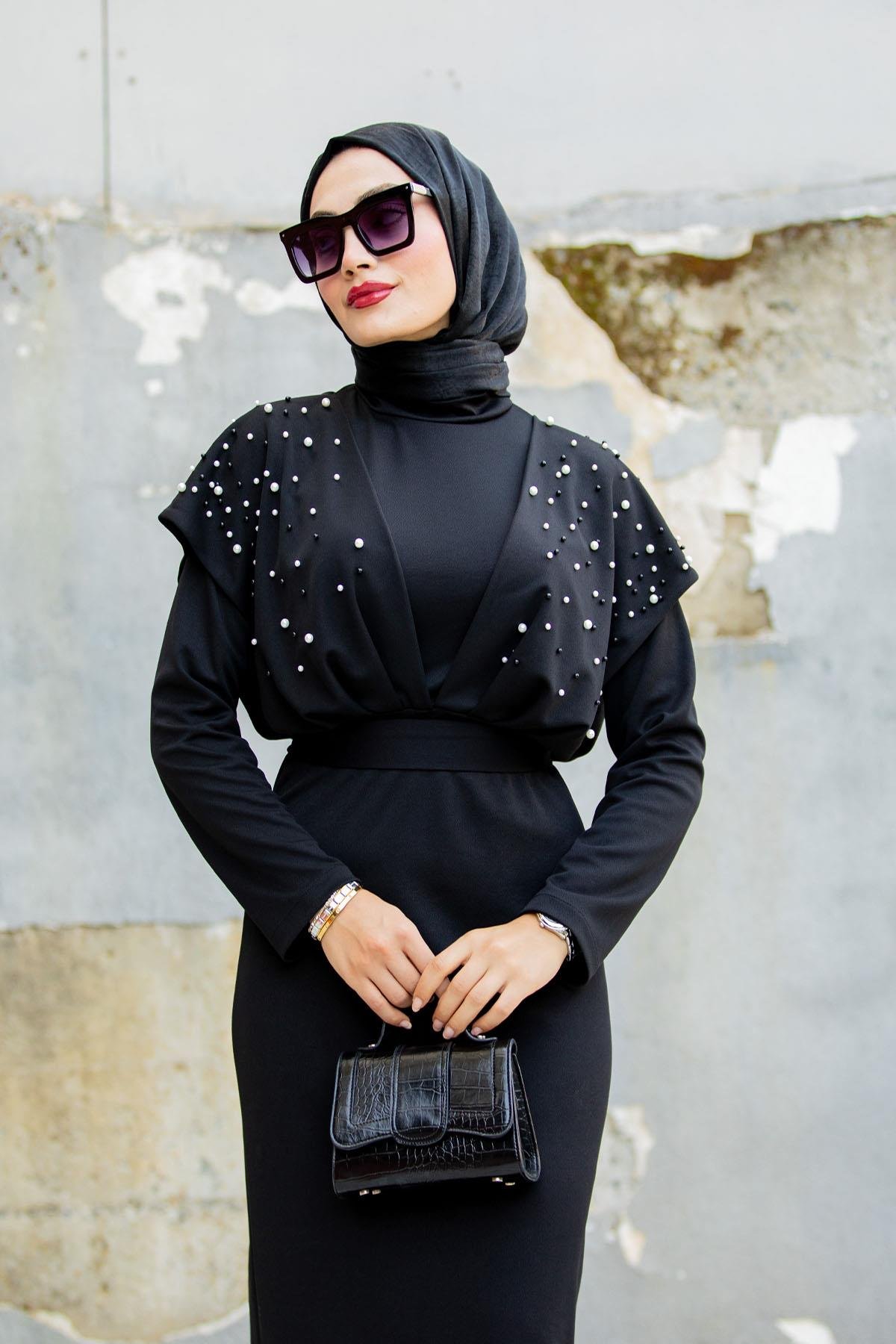 Jessi Omuz inci Detay Özel Gün Elbisesi-Siyah