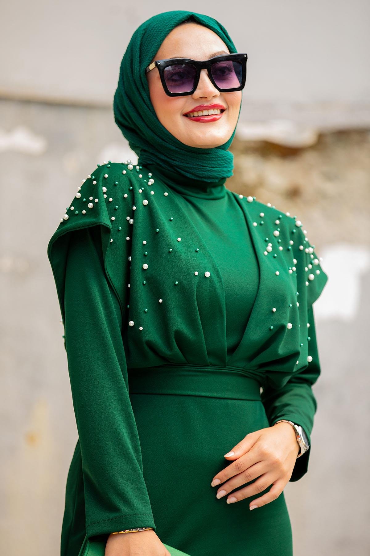 Jessi Omuz inci Detay Özel Gün Elbisesi-Zümrüt