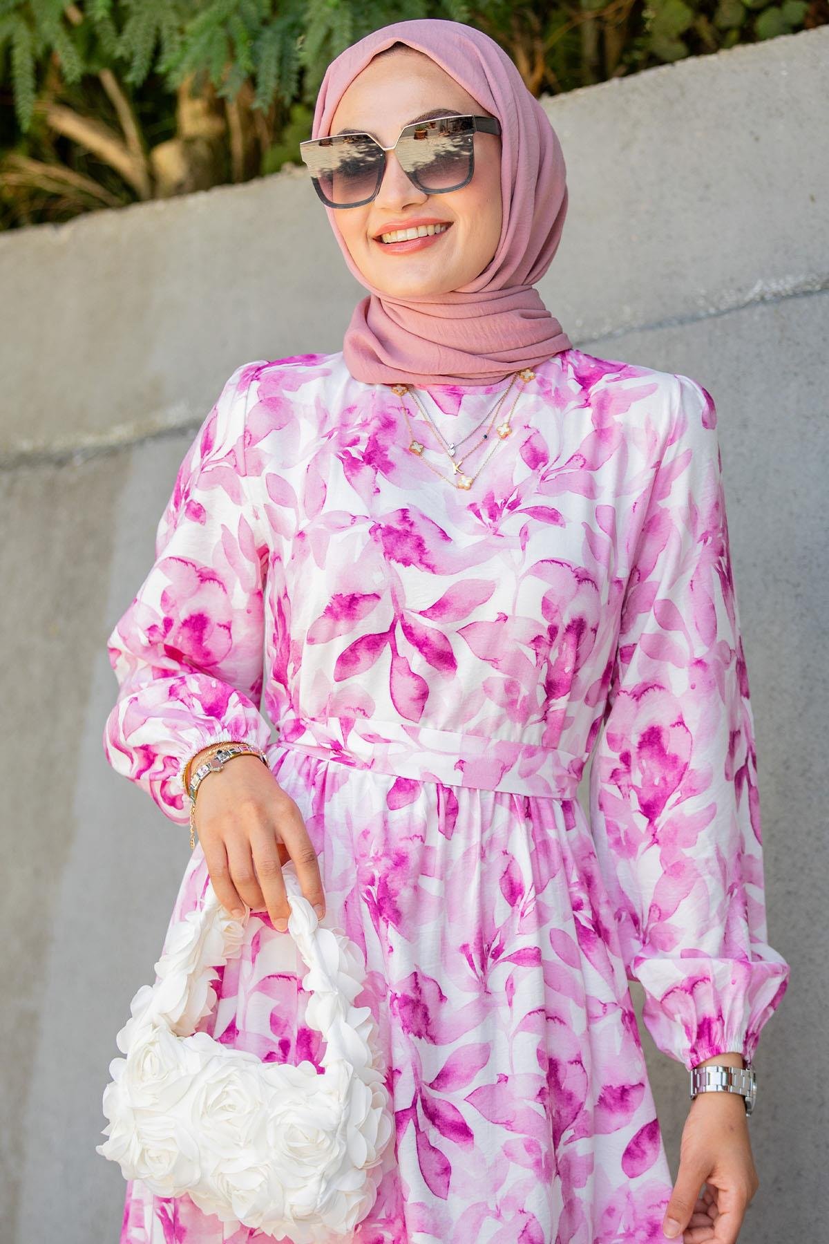 Keny Lotus Çiçekli  Yazlık Elbise-Pembe
