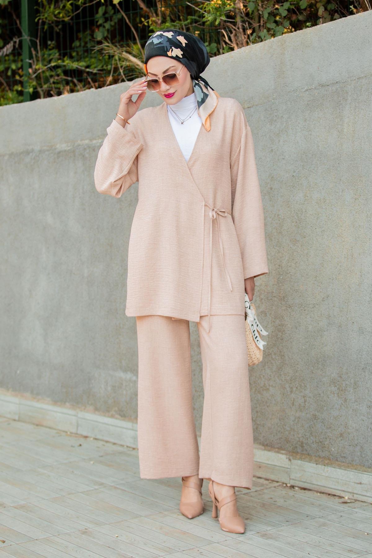 Kimono Pantolon Keten Takım-Bej