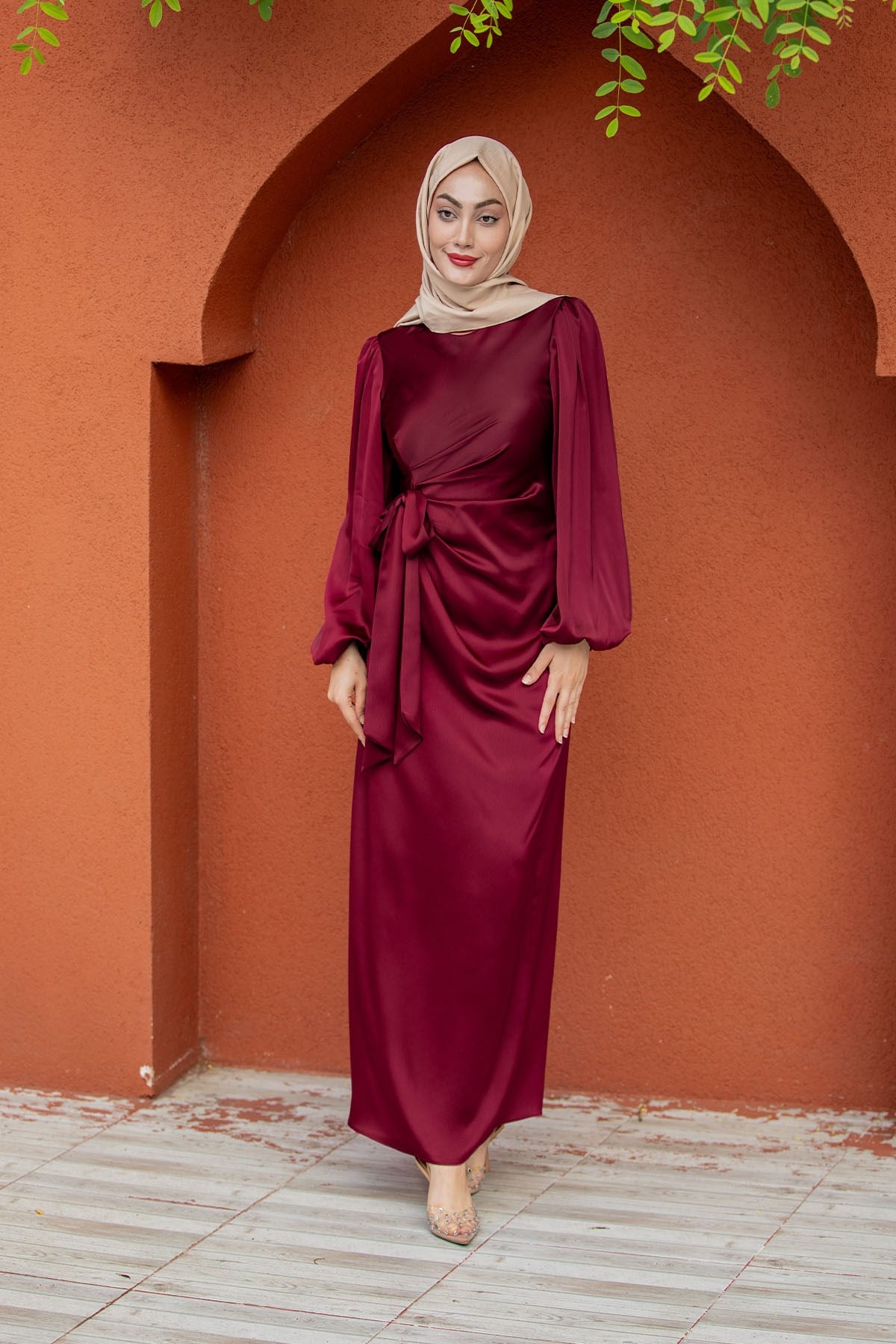 Kitty Drape Pileli Saten Abiye Elbise-Bordo