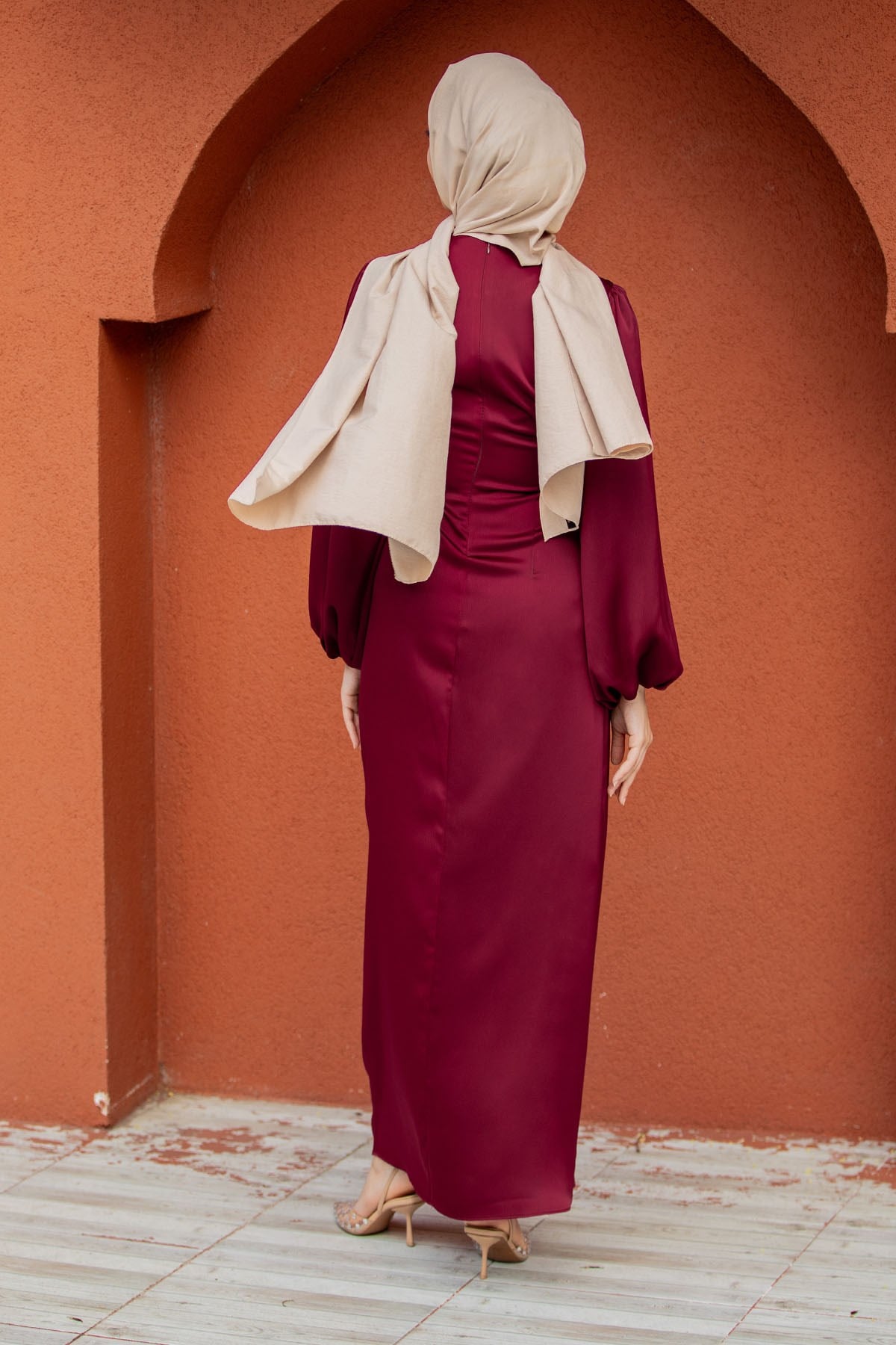 Kitty Drape Pileli Saten Abiye Elbise-Bordo