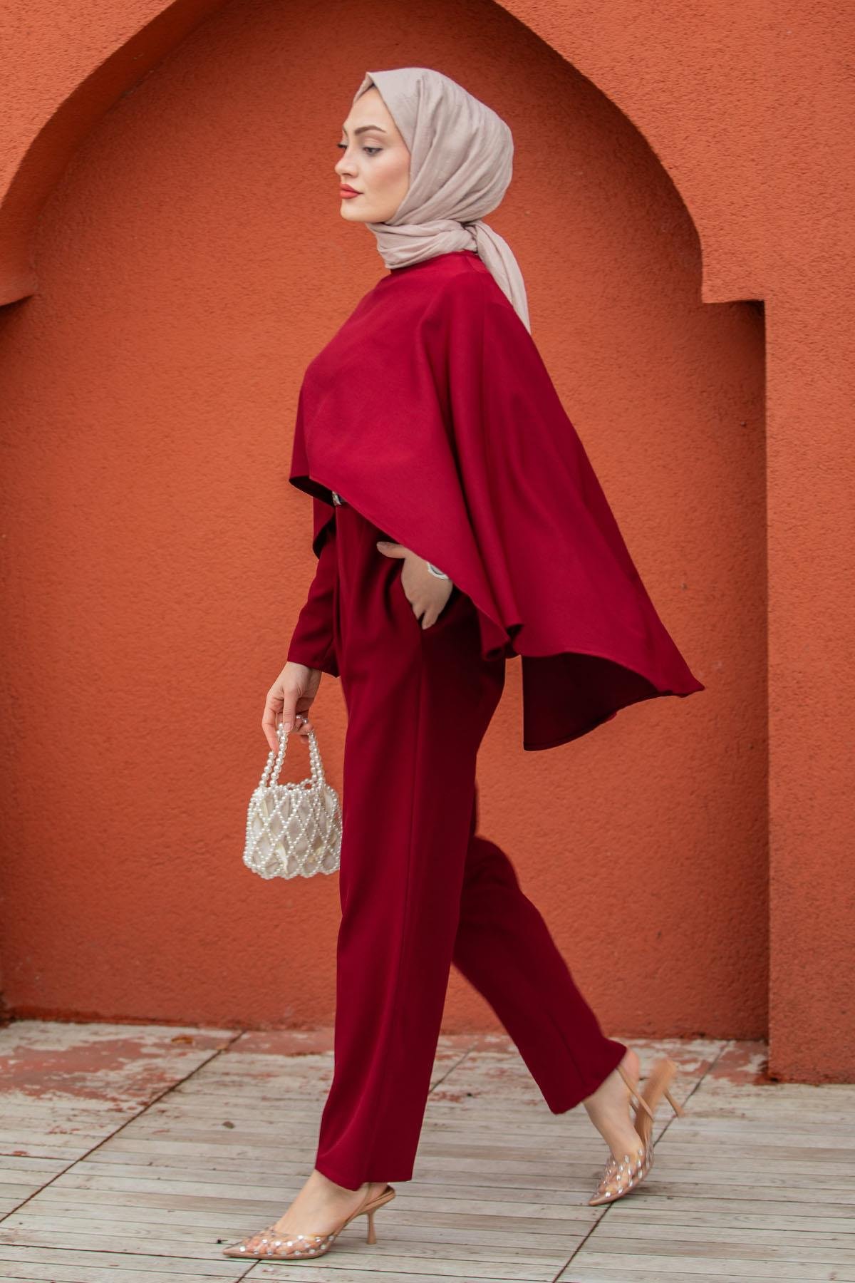 Klasik Kesim Pelerin Detaylı Tulum-Bordo