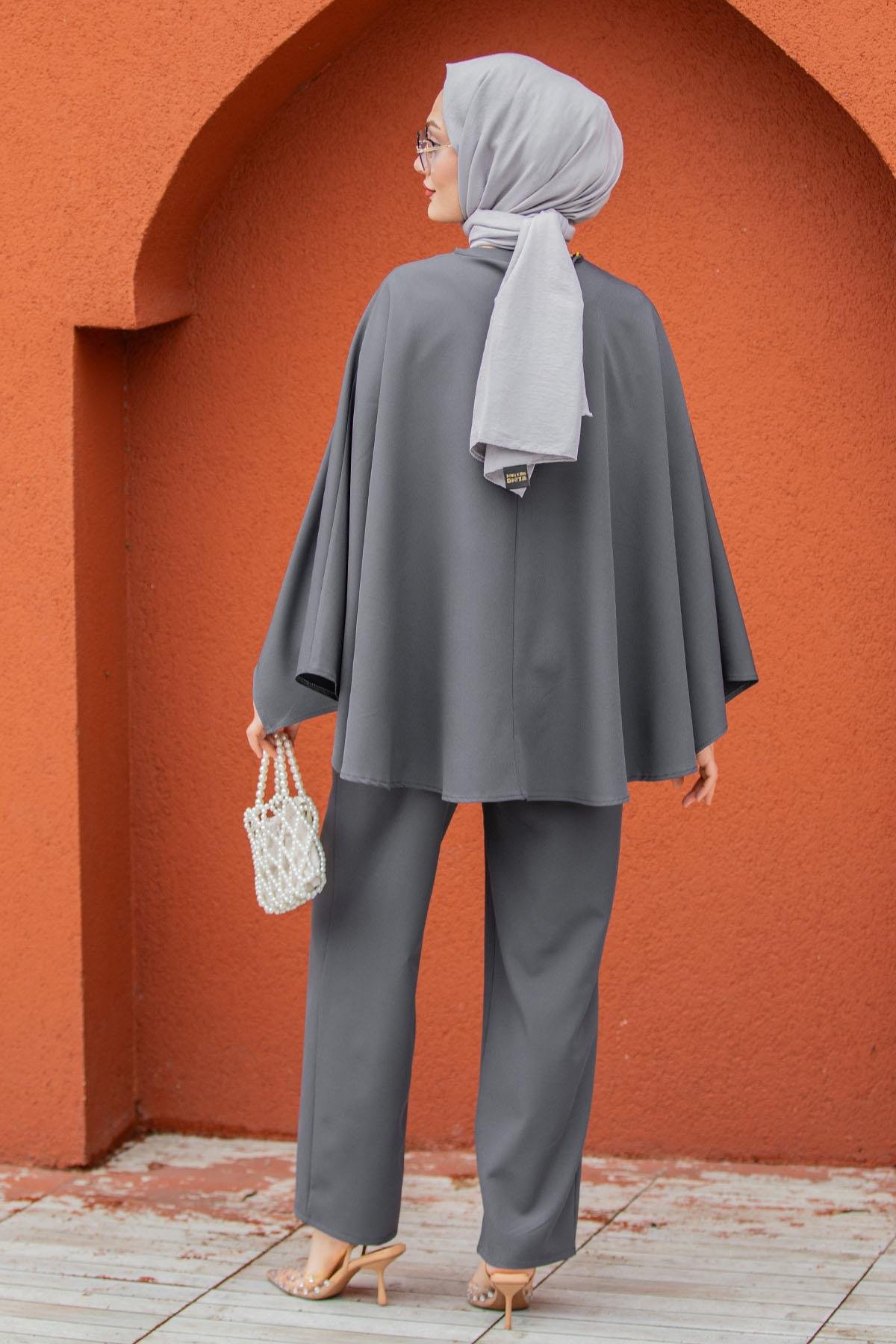Klasik Kesim Pelerin Detaylı Tulum-Gri