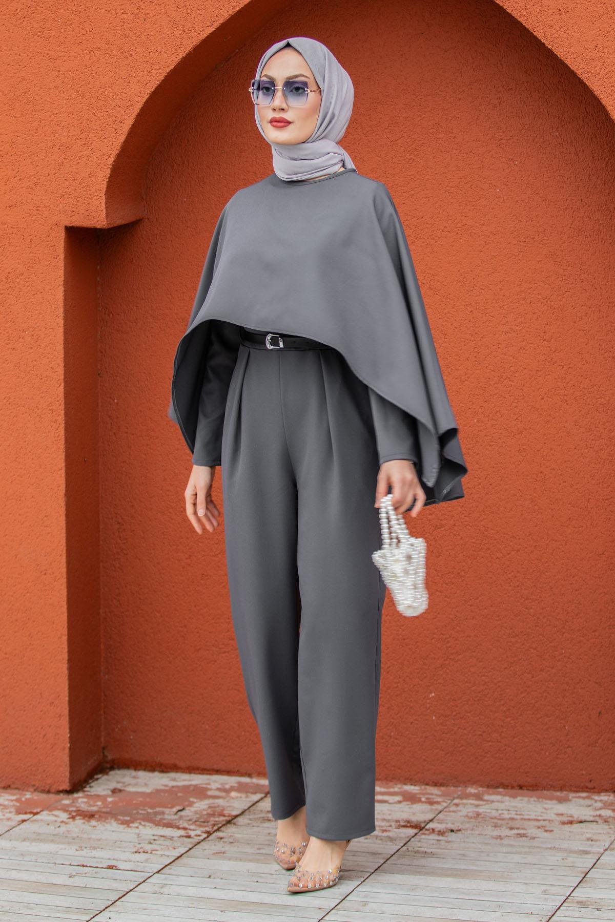 Klasik Kesim Pelerin Detaylı Tulum-Gri