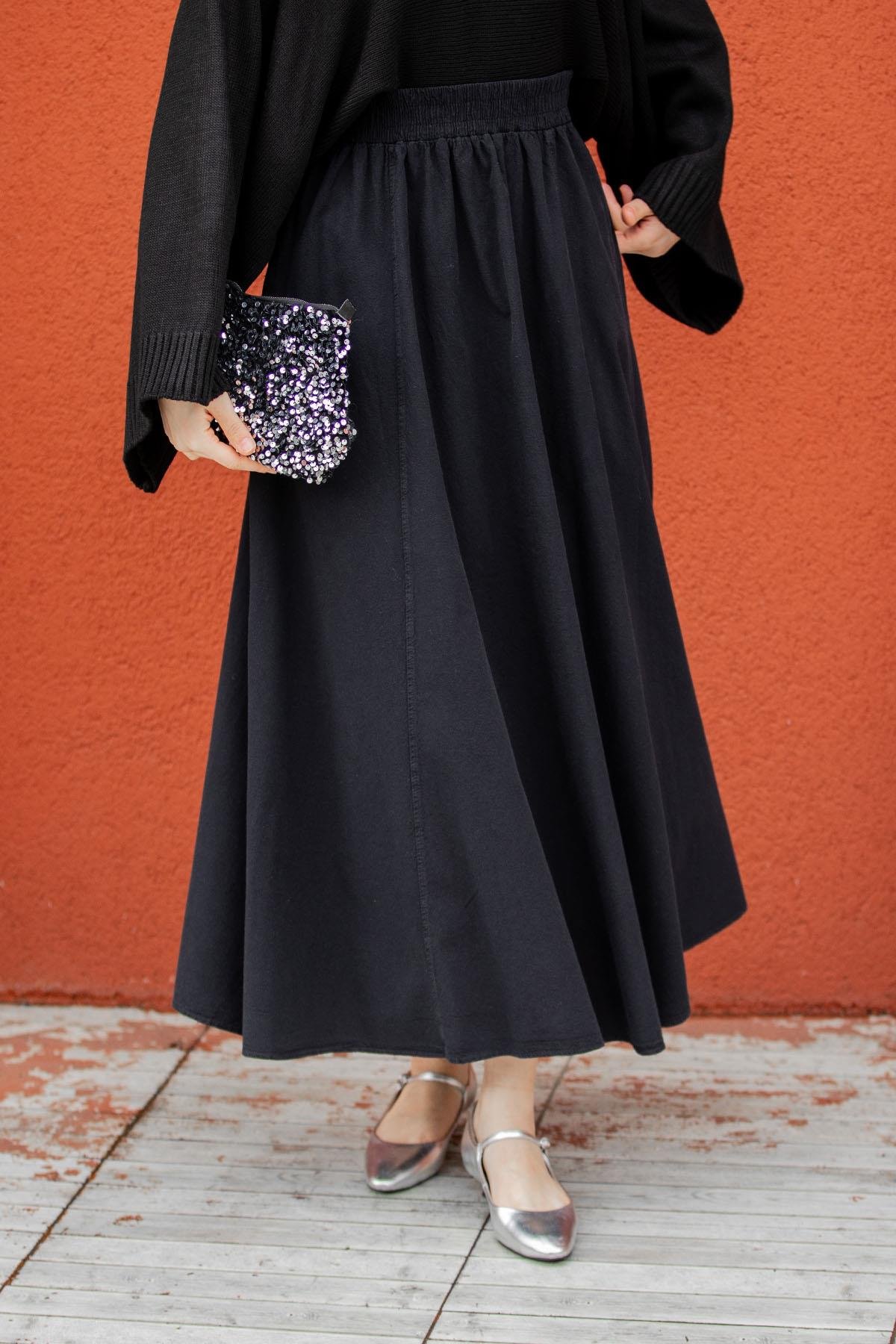 Kot Görünümlü Yıkamalı Pamuk Keten Etek-Siyah